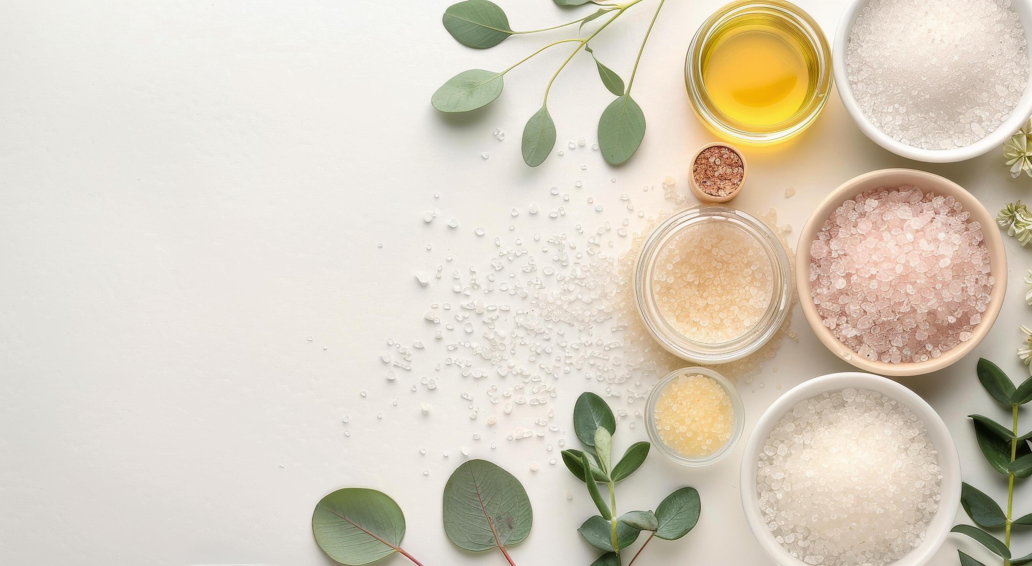 Natural Bath Salts and Oil on White Background Stock Free