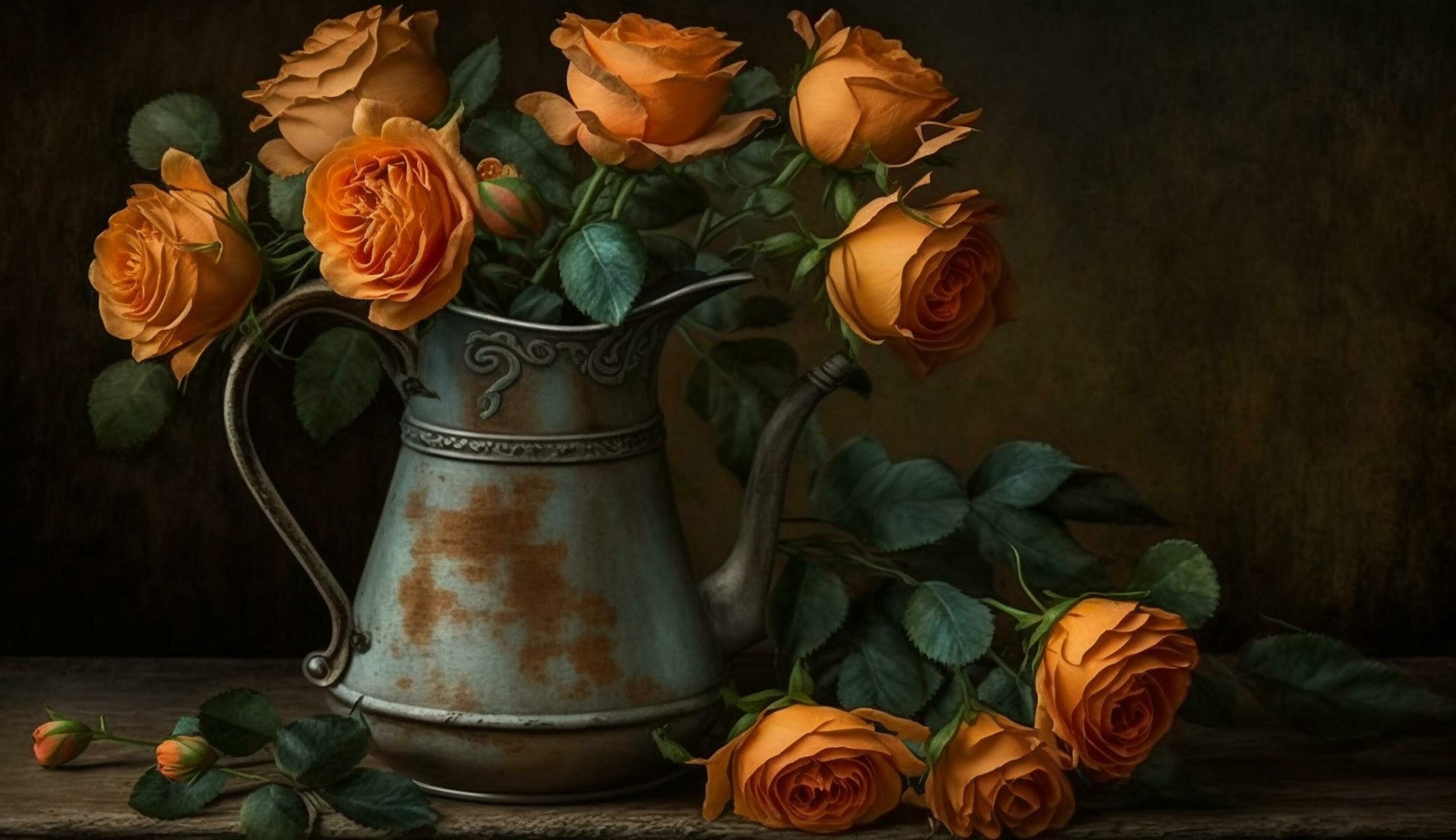 A rustic vase holds a romantic flower arrangement ,generative AI Stock Free