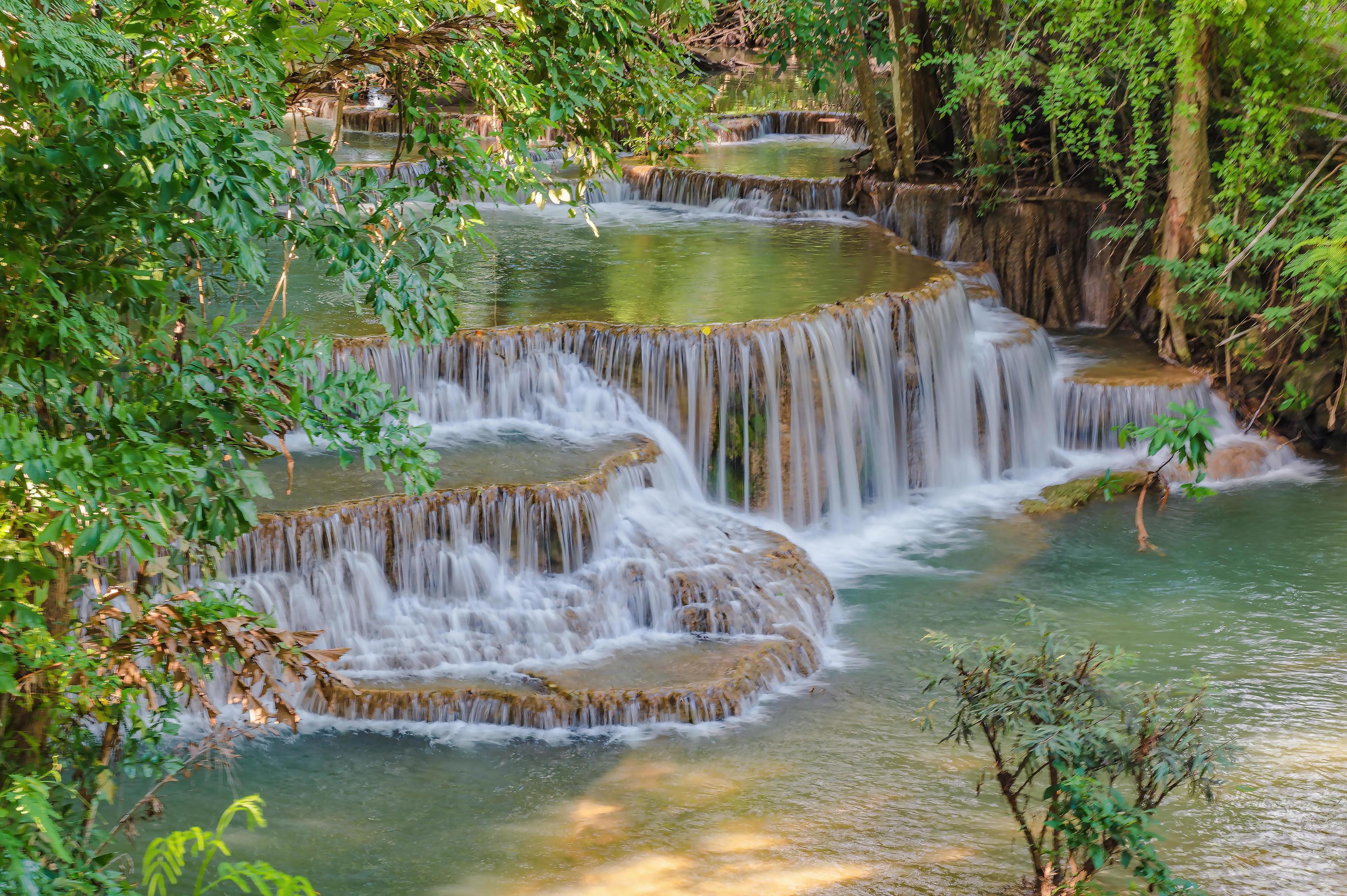 Landscape of Huai mae khamin waterfall Srinakarin national park at Kanchanaburi thailand.Huai mae khamin waterfall fourth floor Chatkaew Stock Free