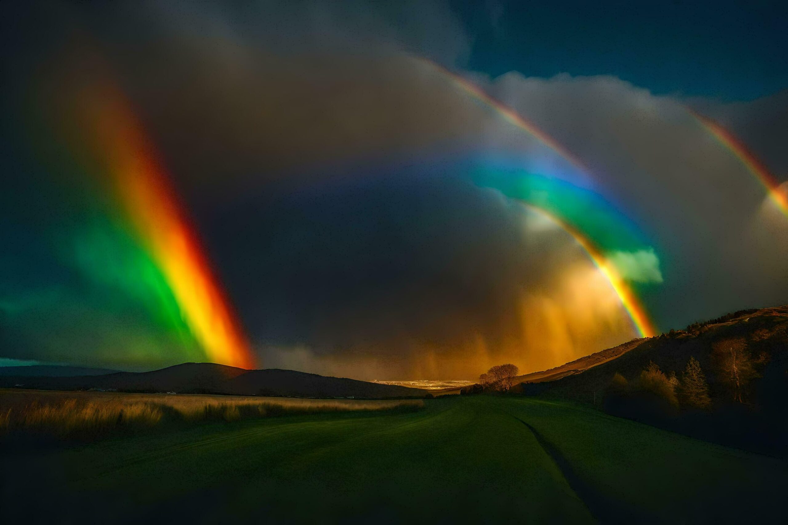 a rainbow appears over a field with a dark sky Free Photo