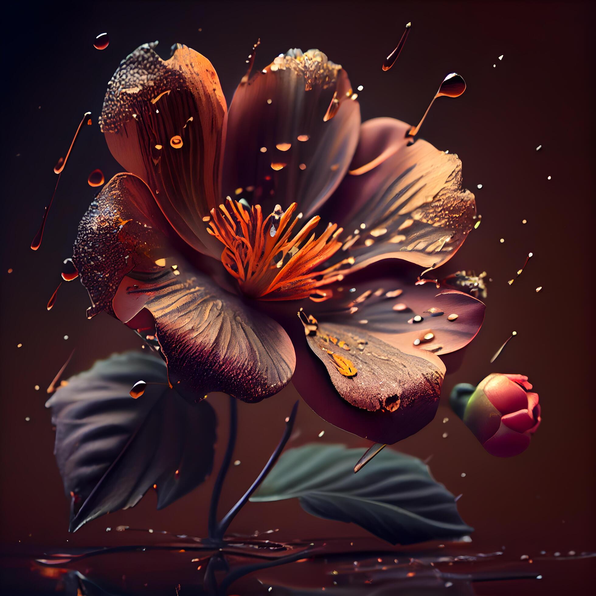 beautiful flower with water drops on a dark background. 3d rendering, Image Stock Free