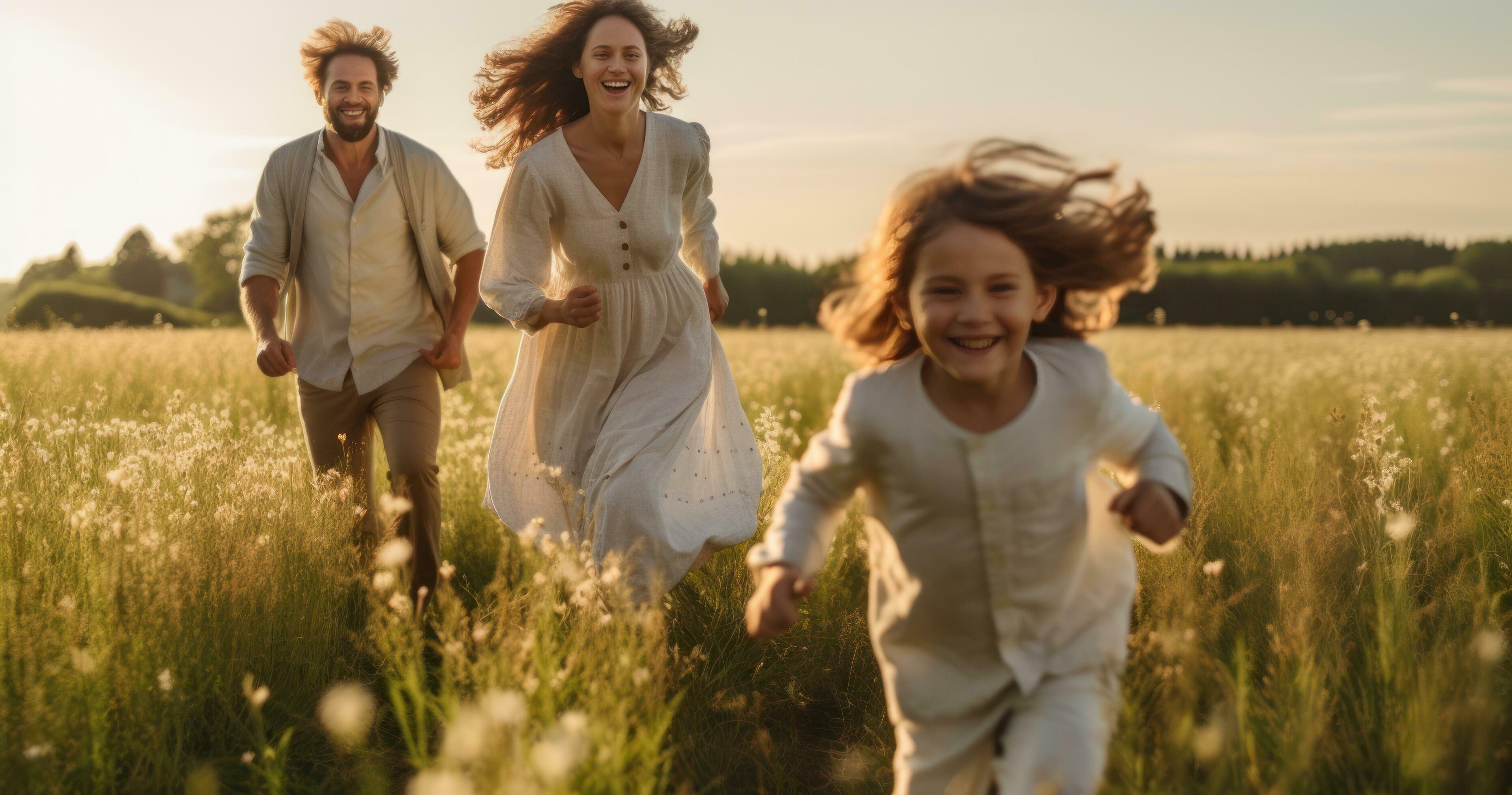 Happy family in running in summer field Stock Free