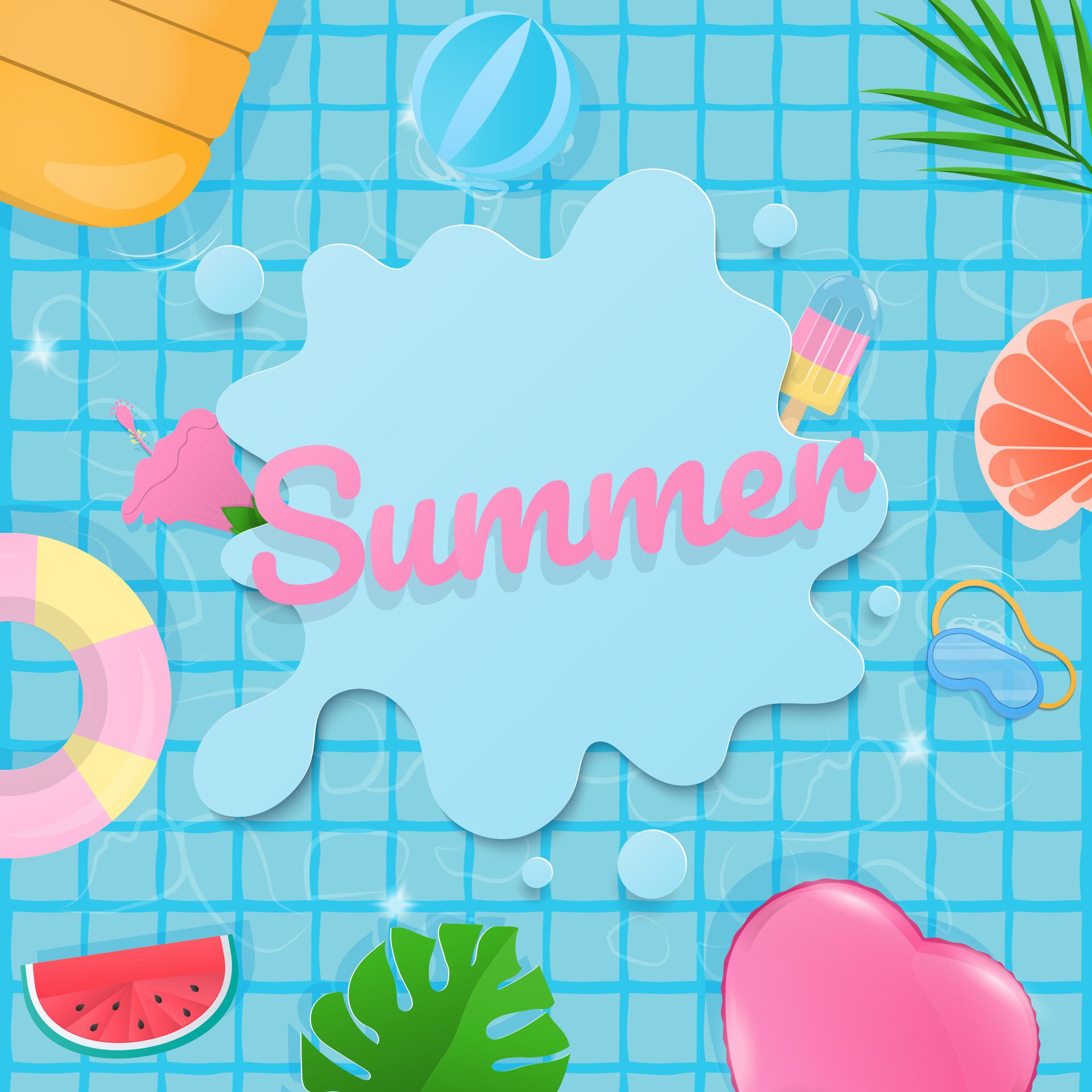 Summer banner and inflatable swim ring in swimming pool Free Vector