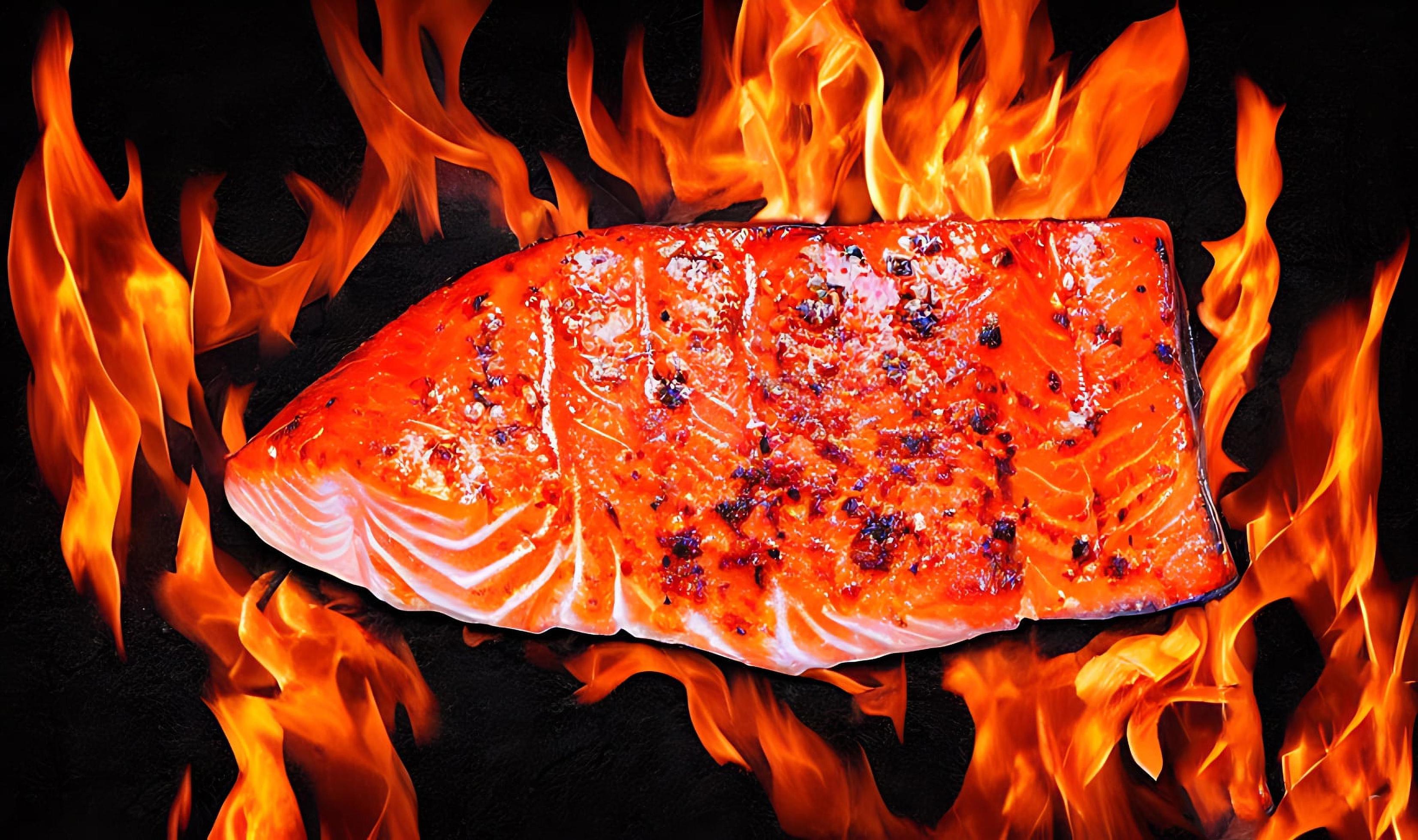 Grilled salmon. Healthy food baked salmon. Hot fish dish. Stock Free