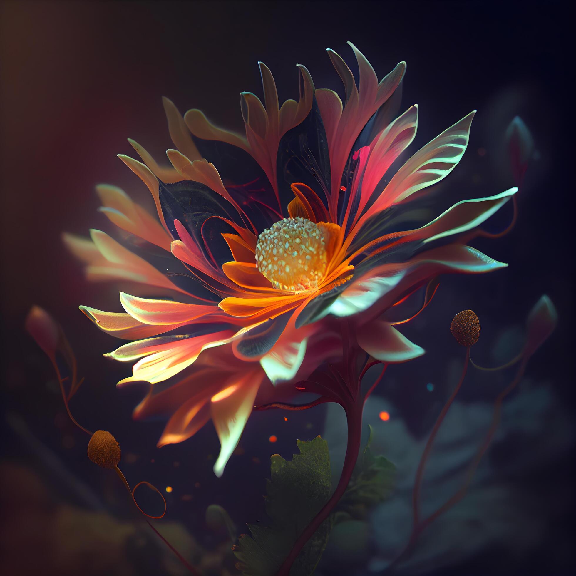 3d rendering of abstract flower in dark space with stars and light effects, Image Stock Free