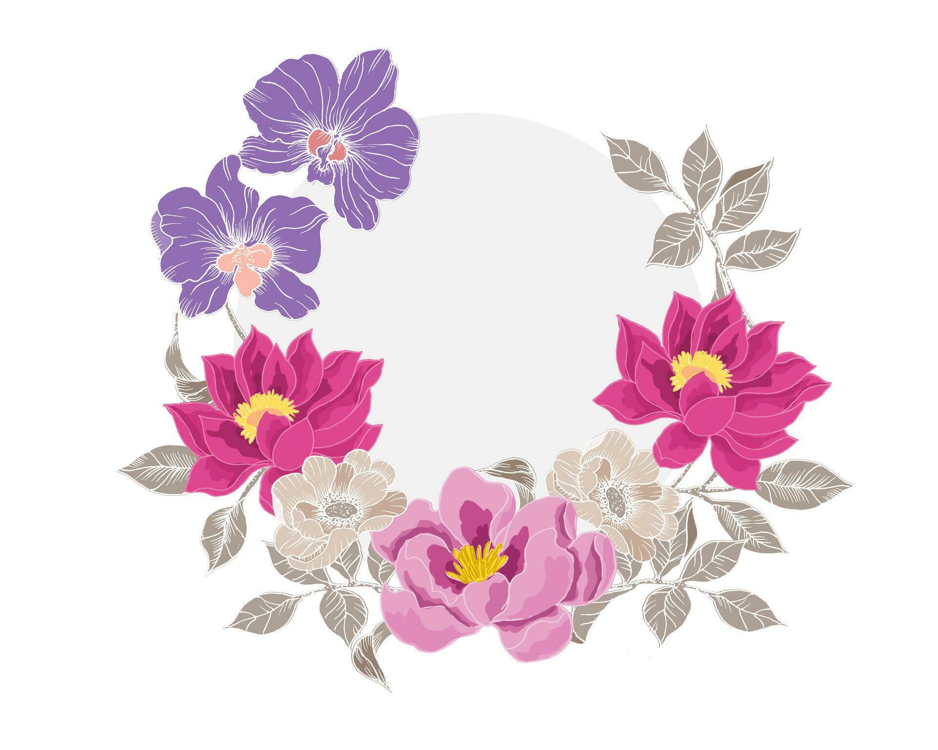 Hand Drawn Lotus and Orchid Flower Wreath Stock Free and Free SVG