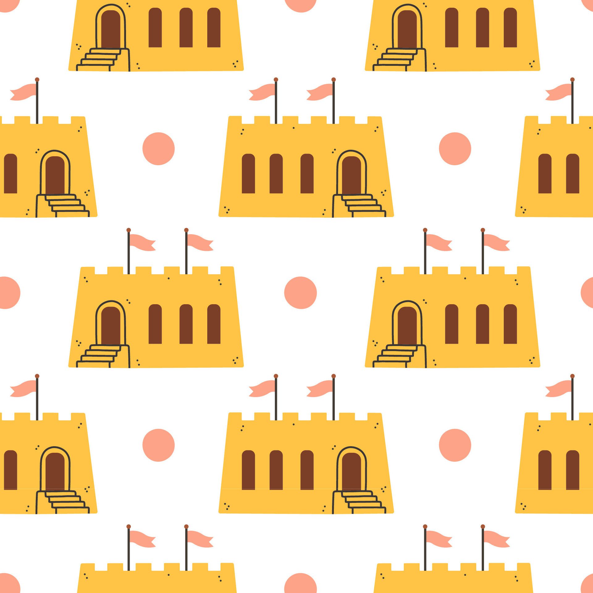 Summer sand castle pattern. Flat seamless pattern. Simple sand castle. Cartoon design. Flat illustration. Free Vector