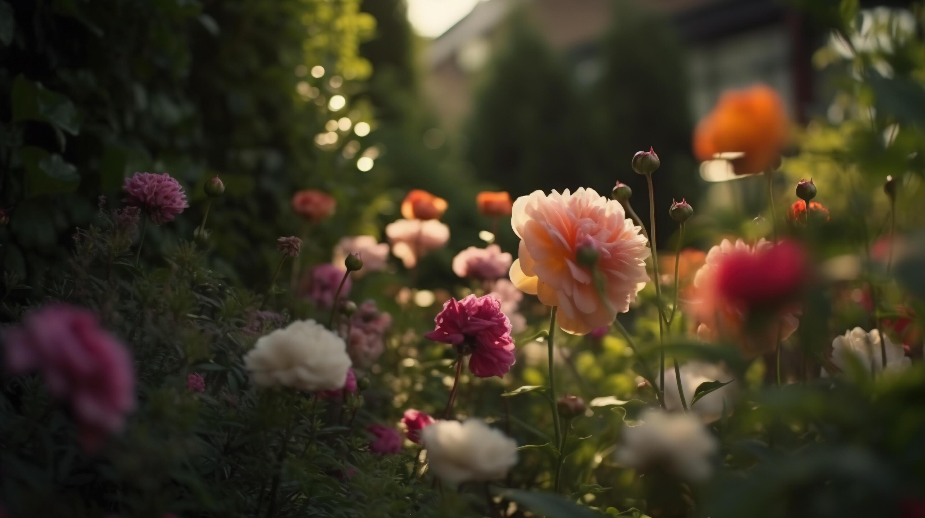 , Beautiful summer private garden with many flowers and plants, nature landscape, english countryside cottage style Stock Free