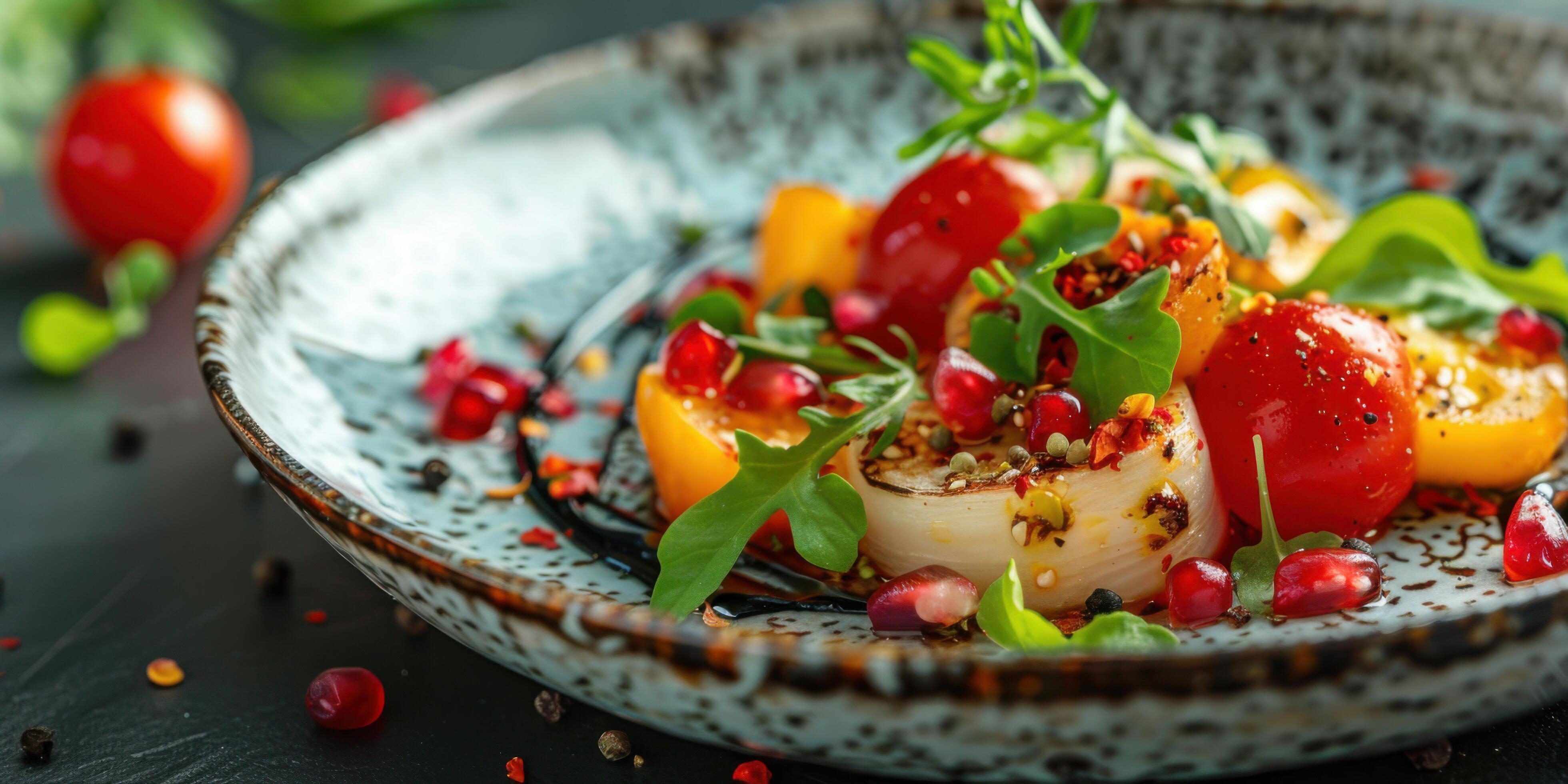 Close-up of a gourmet salad featuring cherry tomatoes, arugula, pomegranate seeds, and a delicate presentation on a rustic plate. Stock Free