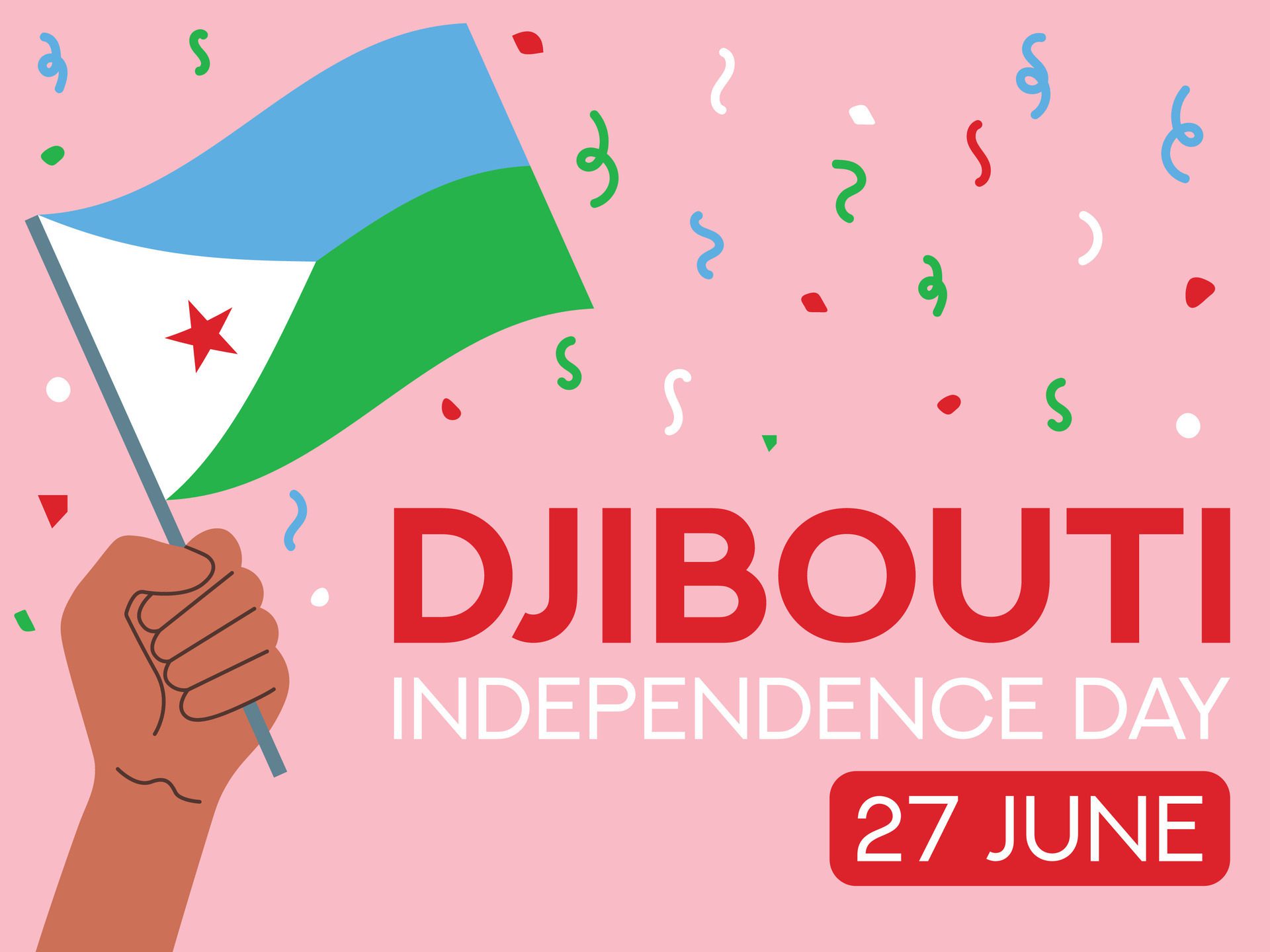 Djibouti independence day 27 June. Djibouti flag in hand. Greeting card, poster, banner template Free Vector