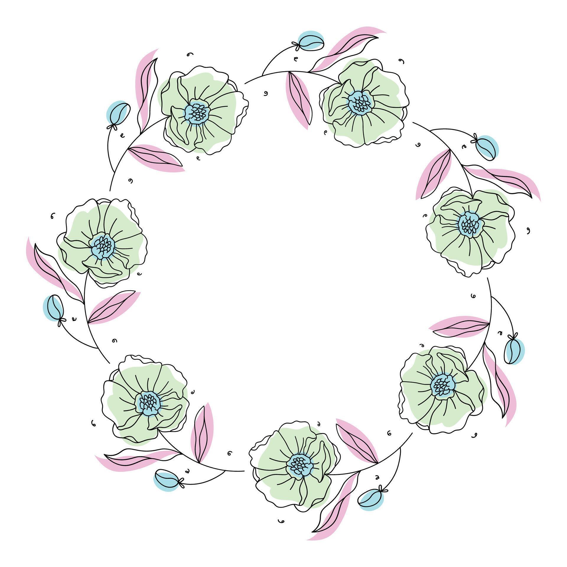 Hand drawn flowers wreath frame on white background Stock Free