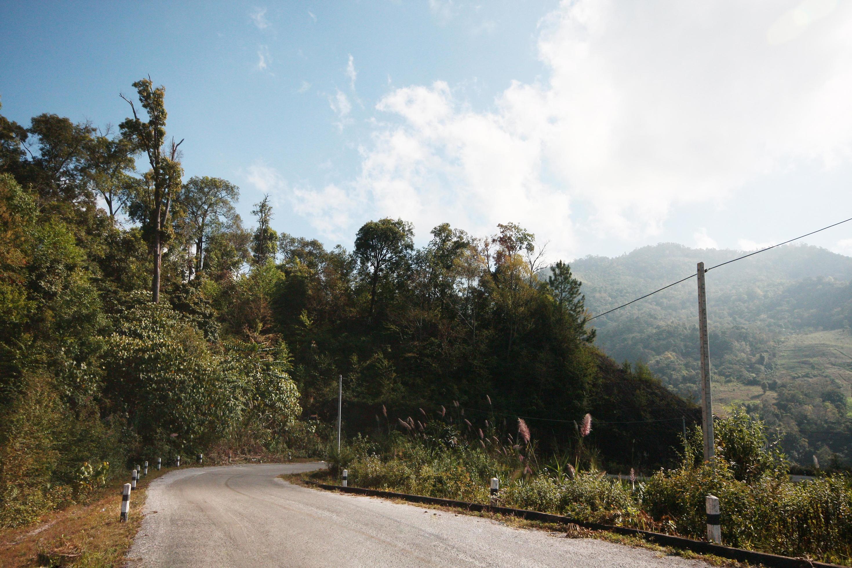 Yellow Sign label warning of curve road on the mountain in Thailand Stock Free