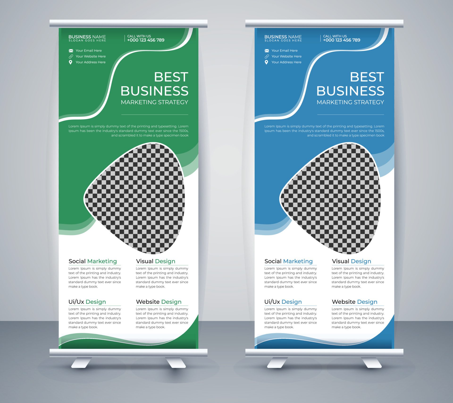 Corporate Business Roll up banner stand template design. Abstract organic banner design Vector illustration template set. Free Vector