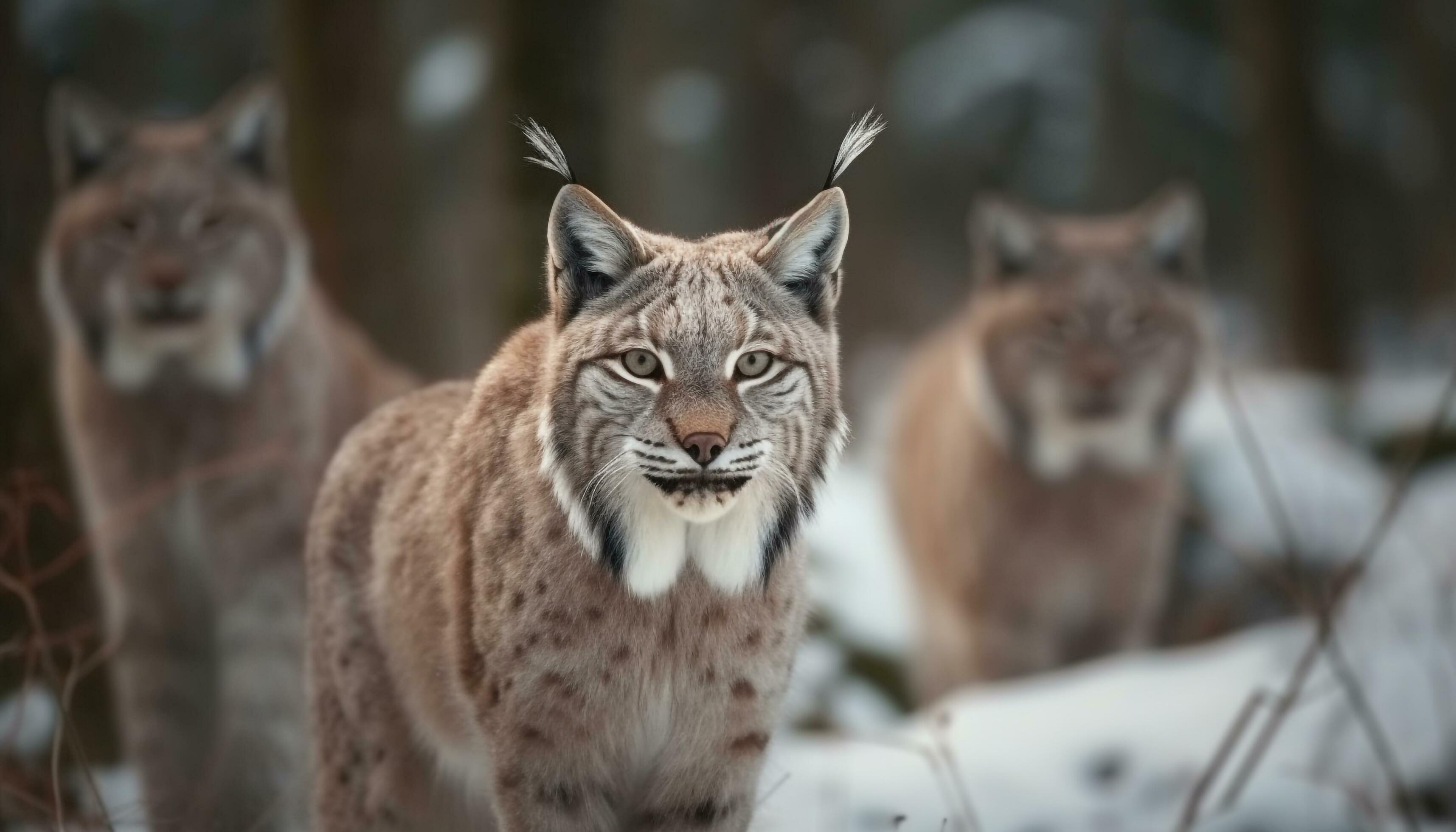 Fierce feline family walking through winter wilderness generated by AI Stock Free