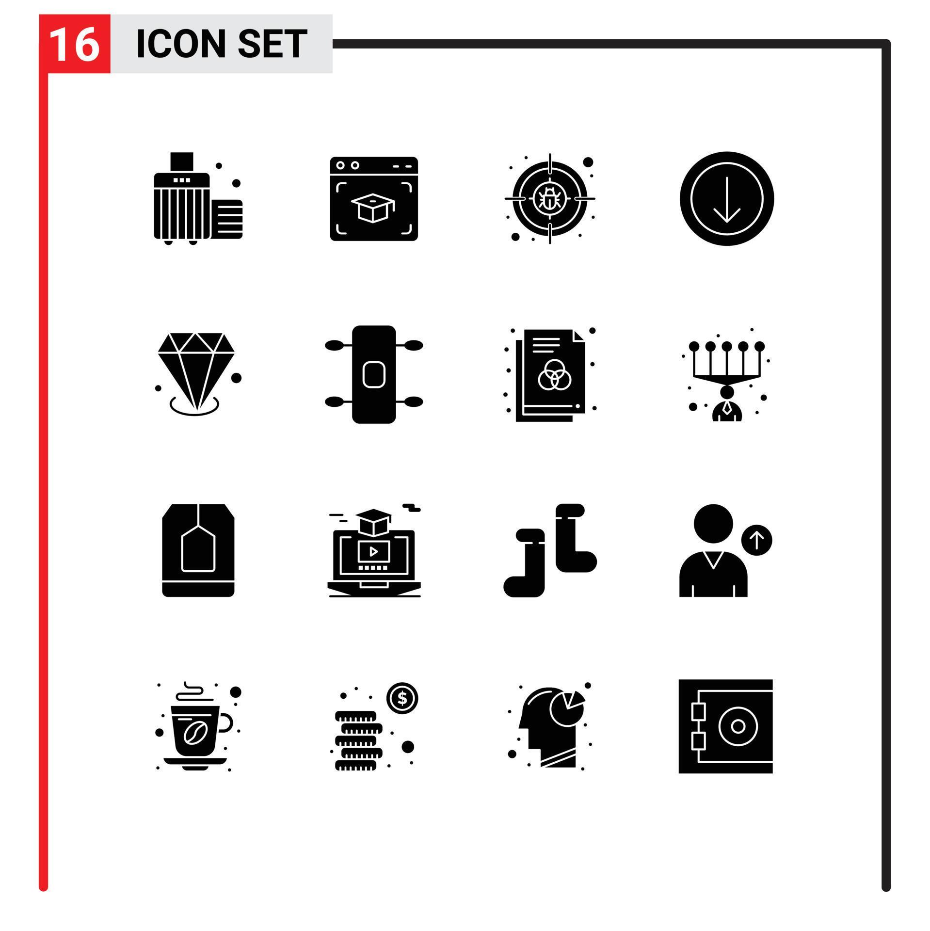 Pack of 16 creative Solid Glyphs of investment diamonf crime download arrow Editable Vector Design Elements Stock Free