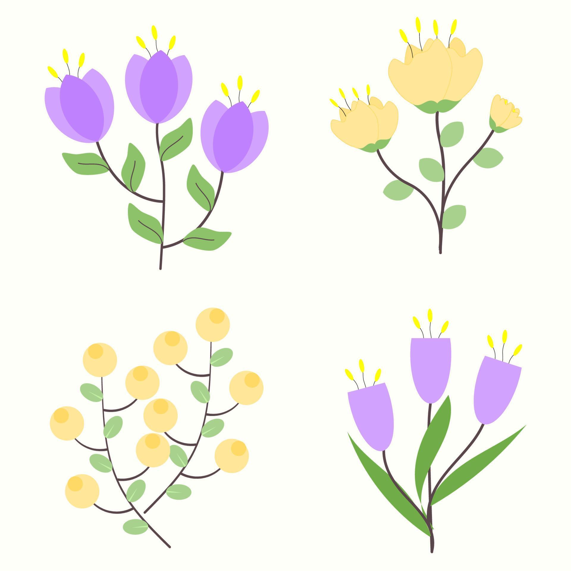 Doodle hand drawn purple dan yellow flowers set collection. Can be used for spring decorations or stickers. Stock Free