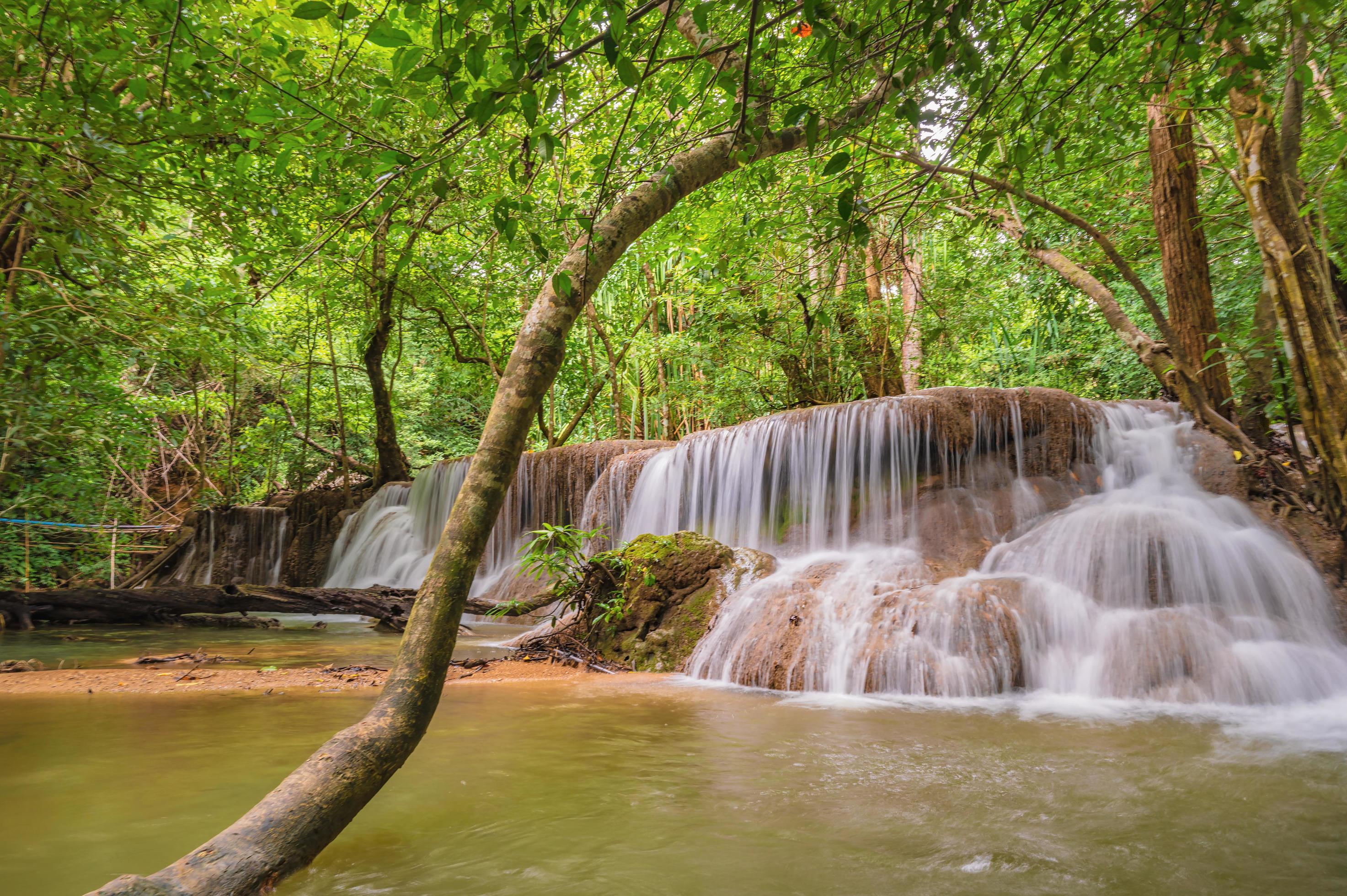 Landscape of Huai mae khamin waterfall Srinakarin national park at Kanchanaburi thailand.Huai mae khamin waterfall sixth floor Dong Phi Sue Stock Free