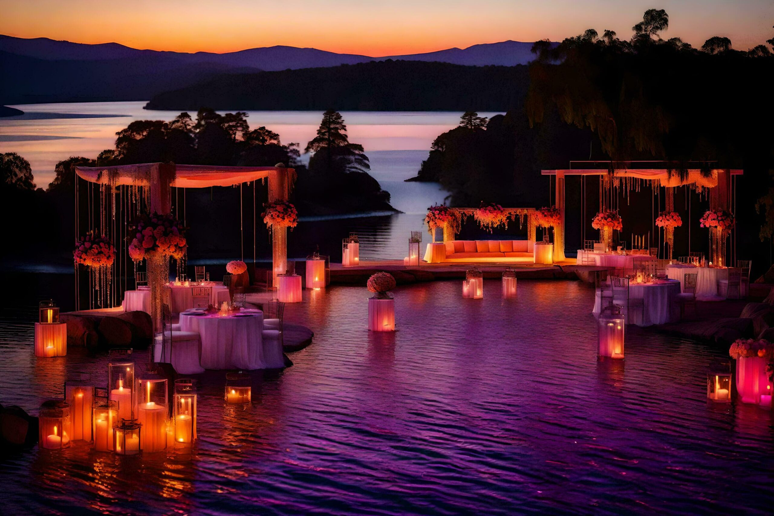 a wedding ceremony set up on the edge of a lake Free Photo