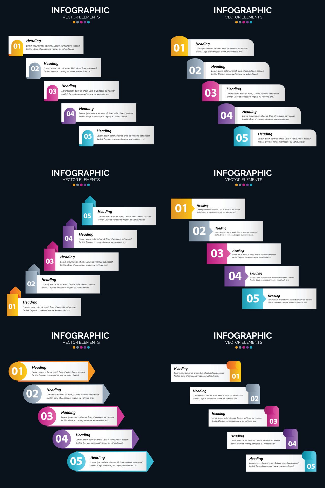 Vector 6 Infographics Pack Presentation slide template 5 Steps cycle diagrams and timelines Free Vector