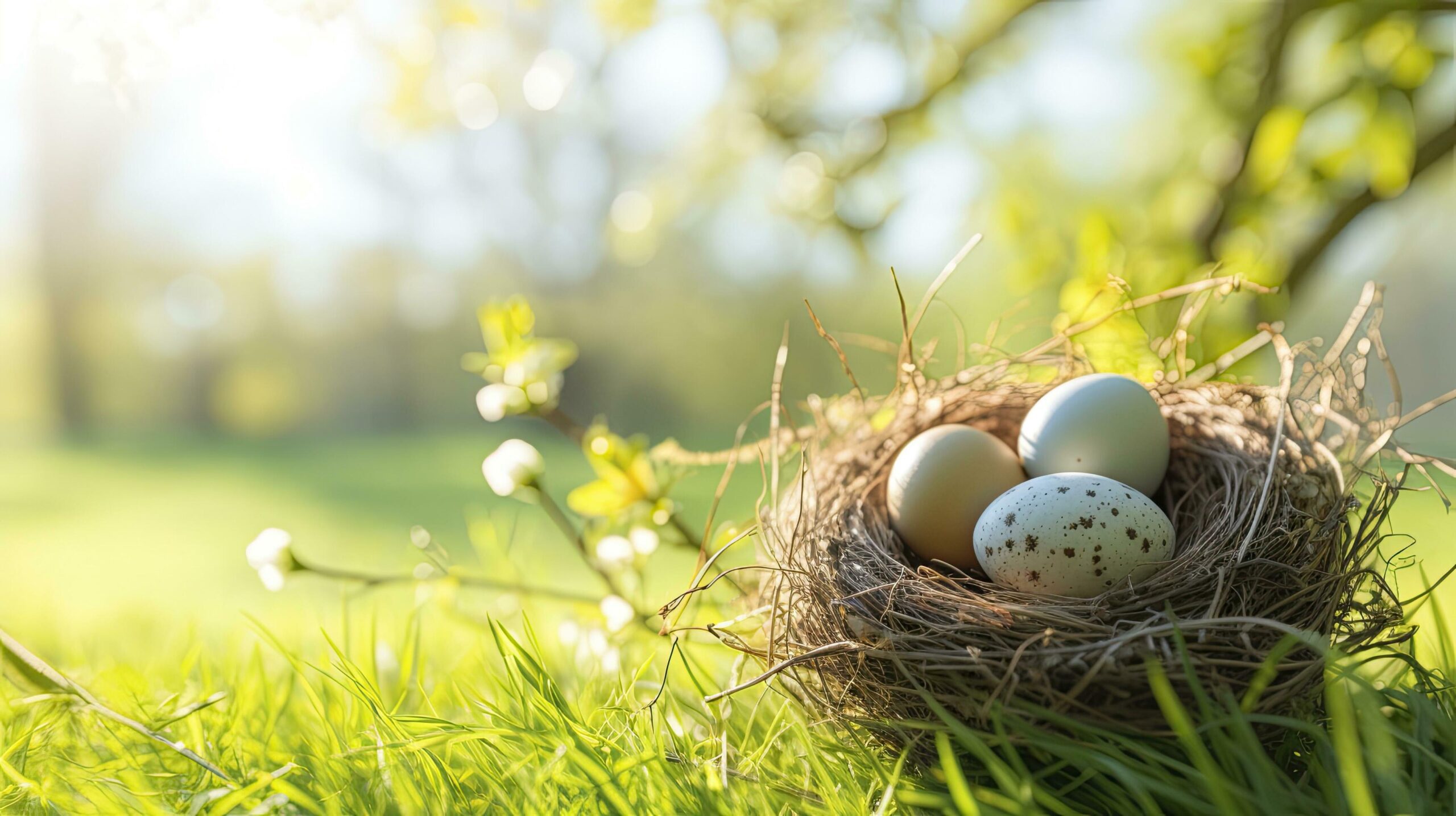 Nest with easter eggs in grass on a sunny spring day Free Photo