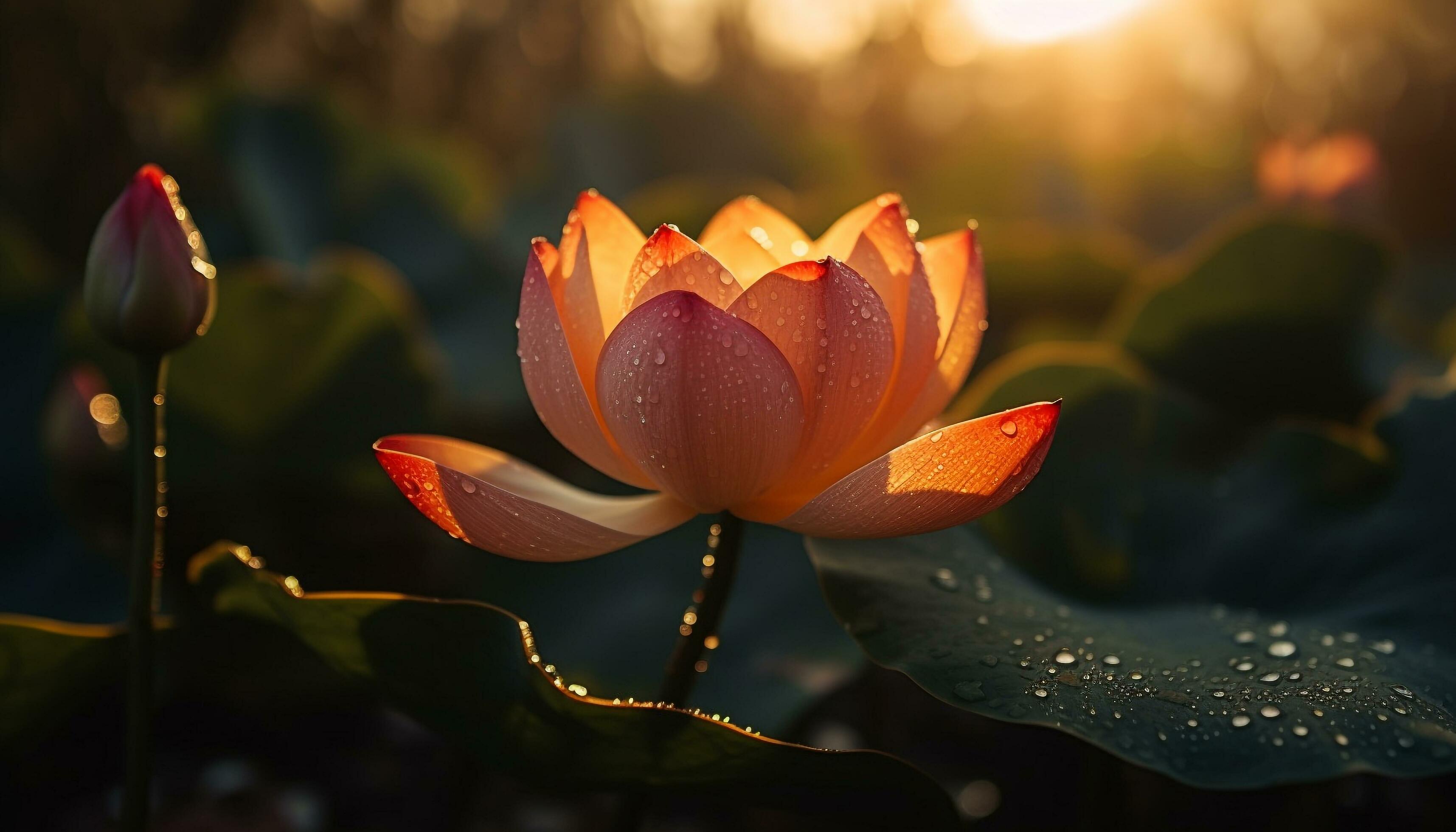 Lotus flower blossoms in tranquil pond water generated by AI Stock Free