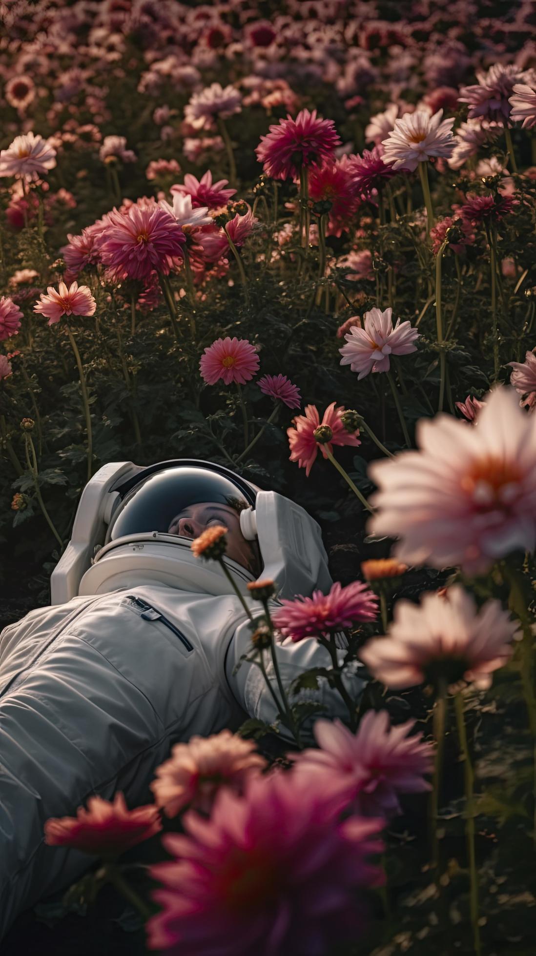 high texture quality photo of biomechanical astronaut lying in a meadow of pink dahlia flowers, Generate Ai Stock Free