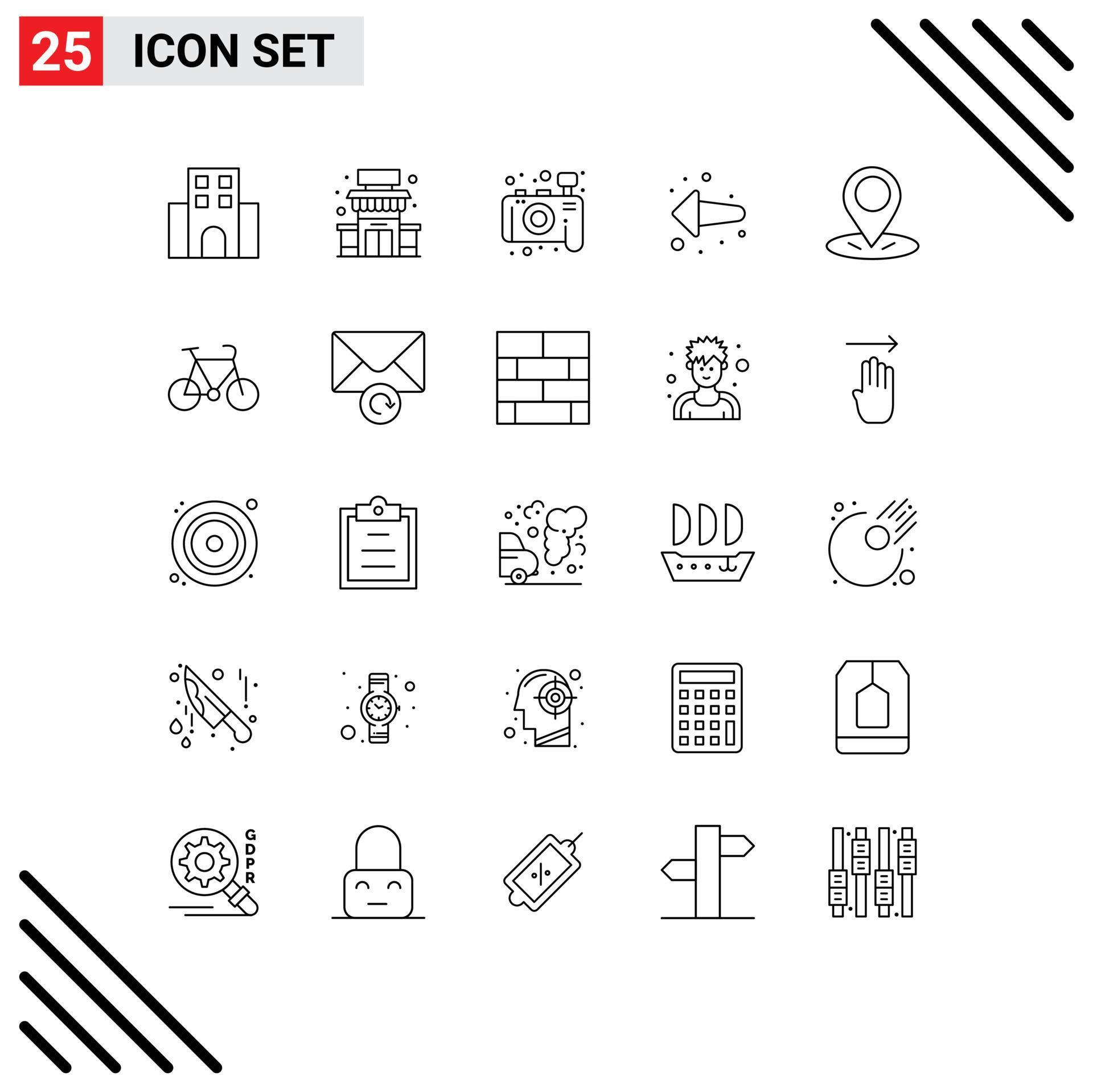 Pack of 25 Modern Lines Signs and Symbols for Web Print Media such as pin gps supermarket left arrow Editable Vector Design Elements Stock Free