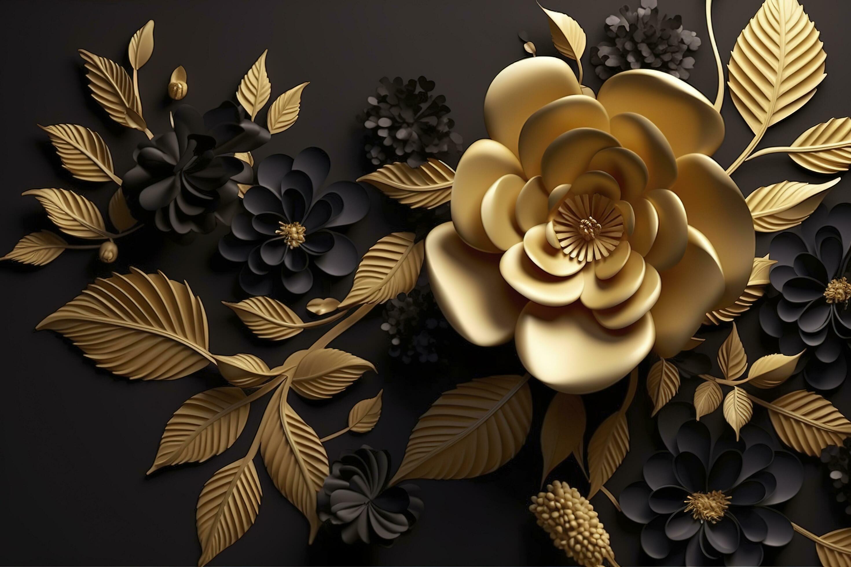 3d mural floral wallpaper. golden and black flowers and leaves. 3d render background wall decor, generate ai Stock Free