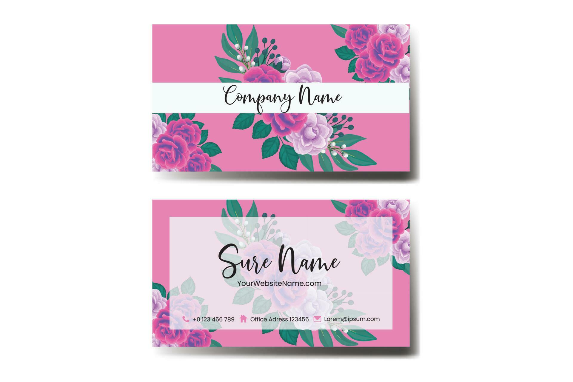 Business Card Template Rose with Anemone Flower Watercolor Stock Free