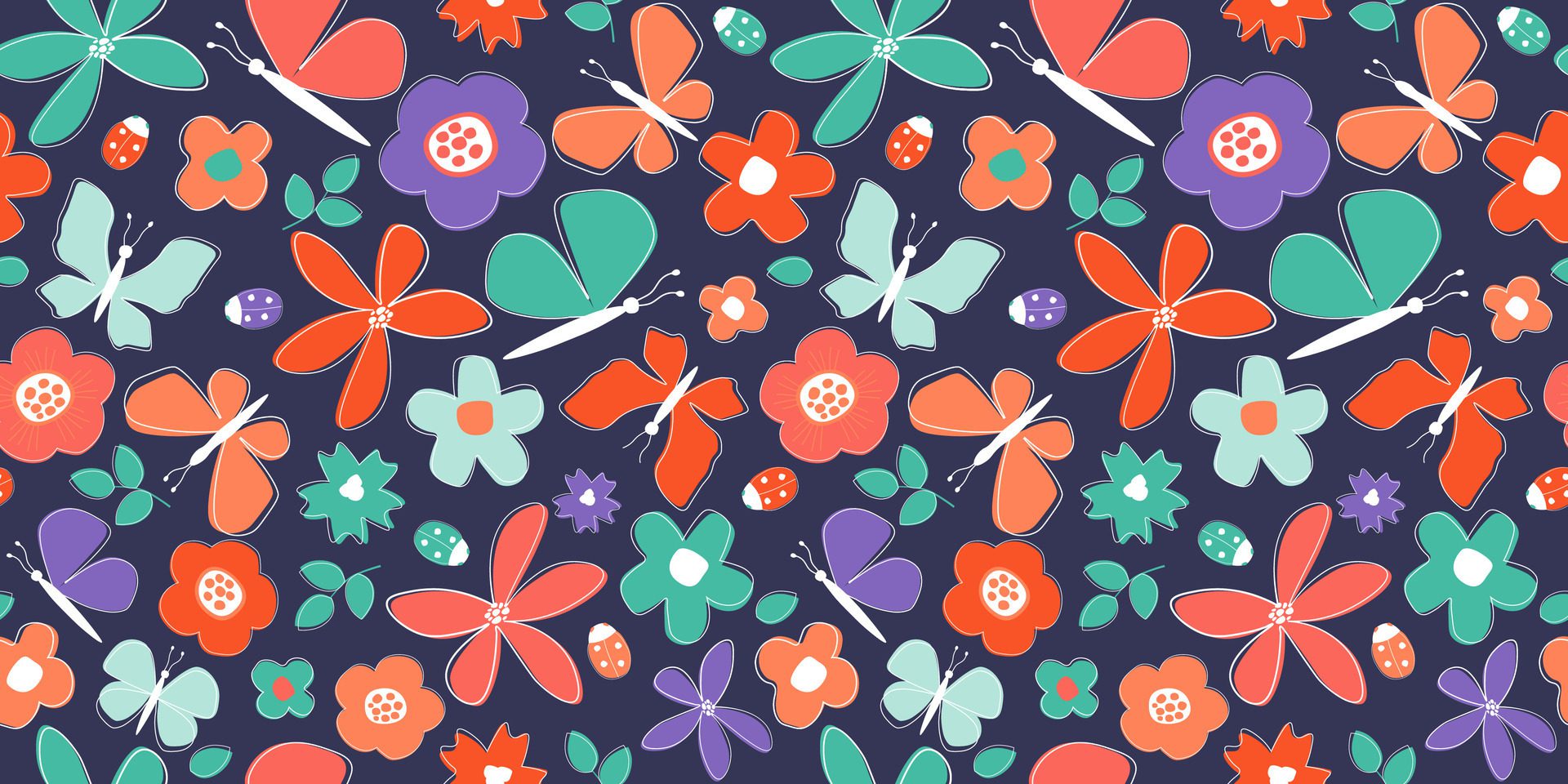 Seamless pattern with abstract flowers, butterflies, leaves. Summer natural simple print. Vector graphics. Free Vector