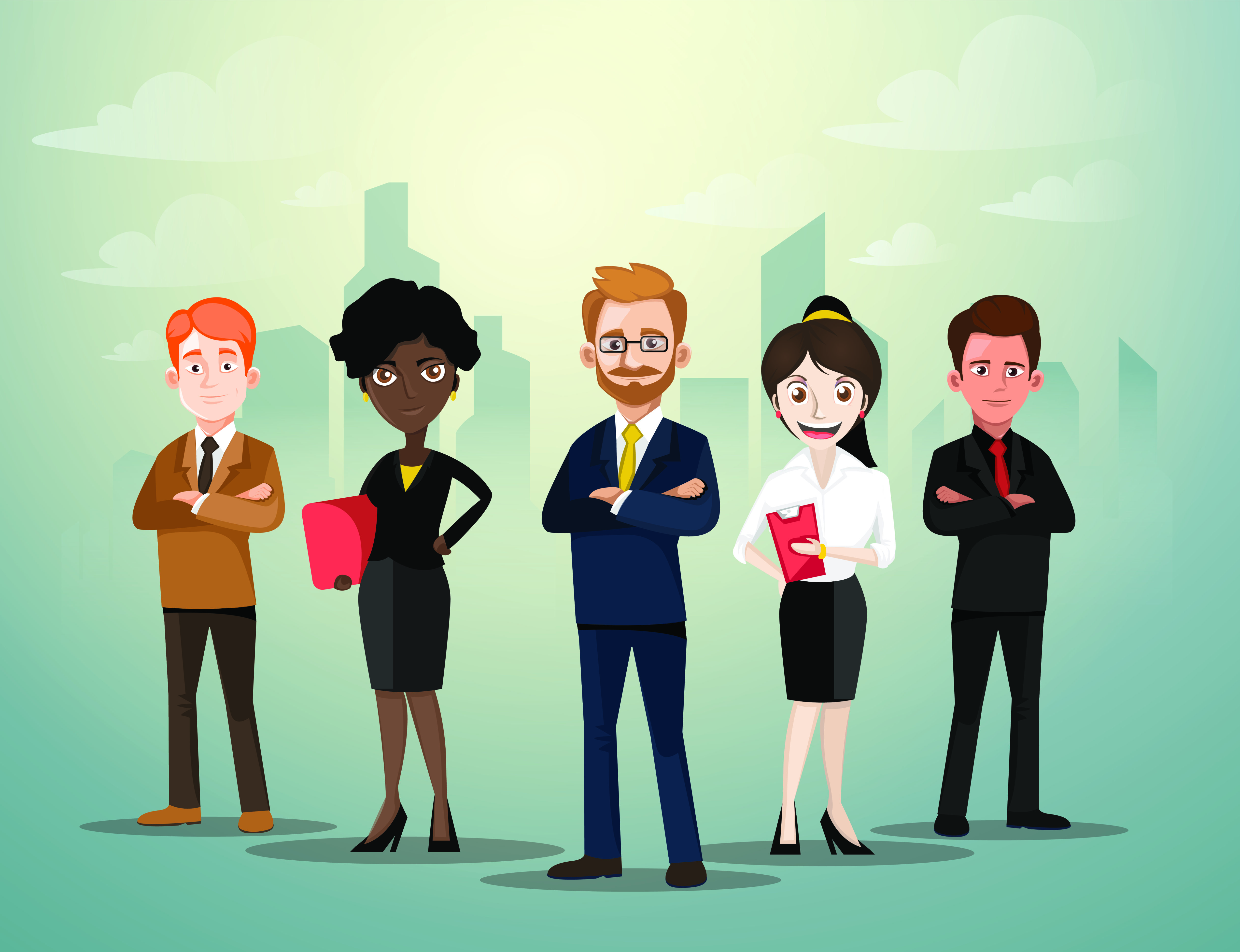 Group of diverse Business People Standing in Front of City Background Free Vector