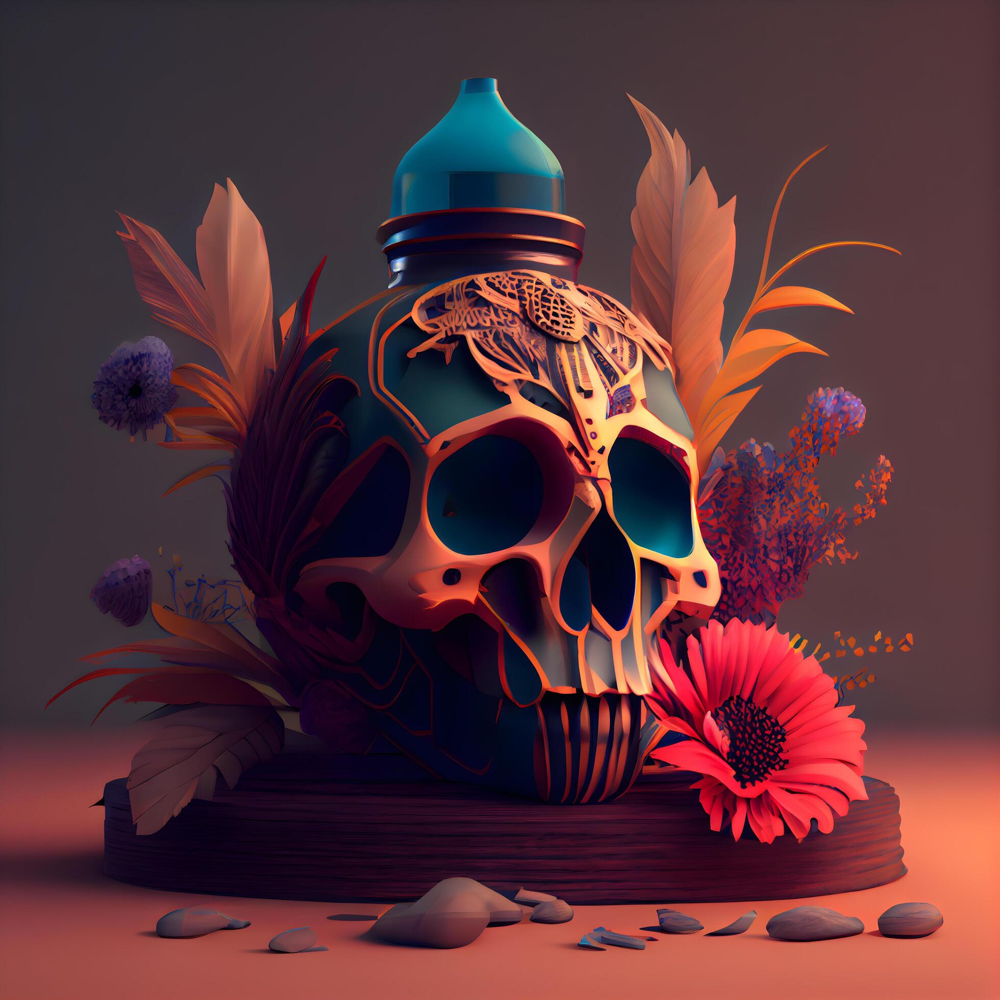 Skull and flowers. 3d illustration. Halloween concept. 3d rendering Stock Free