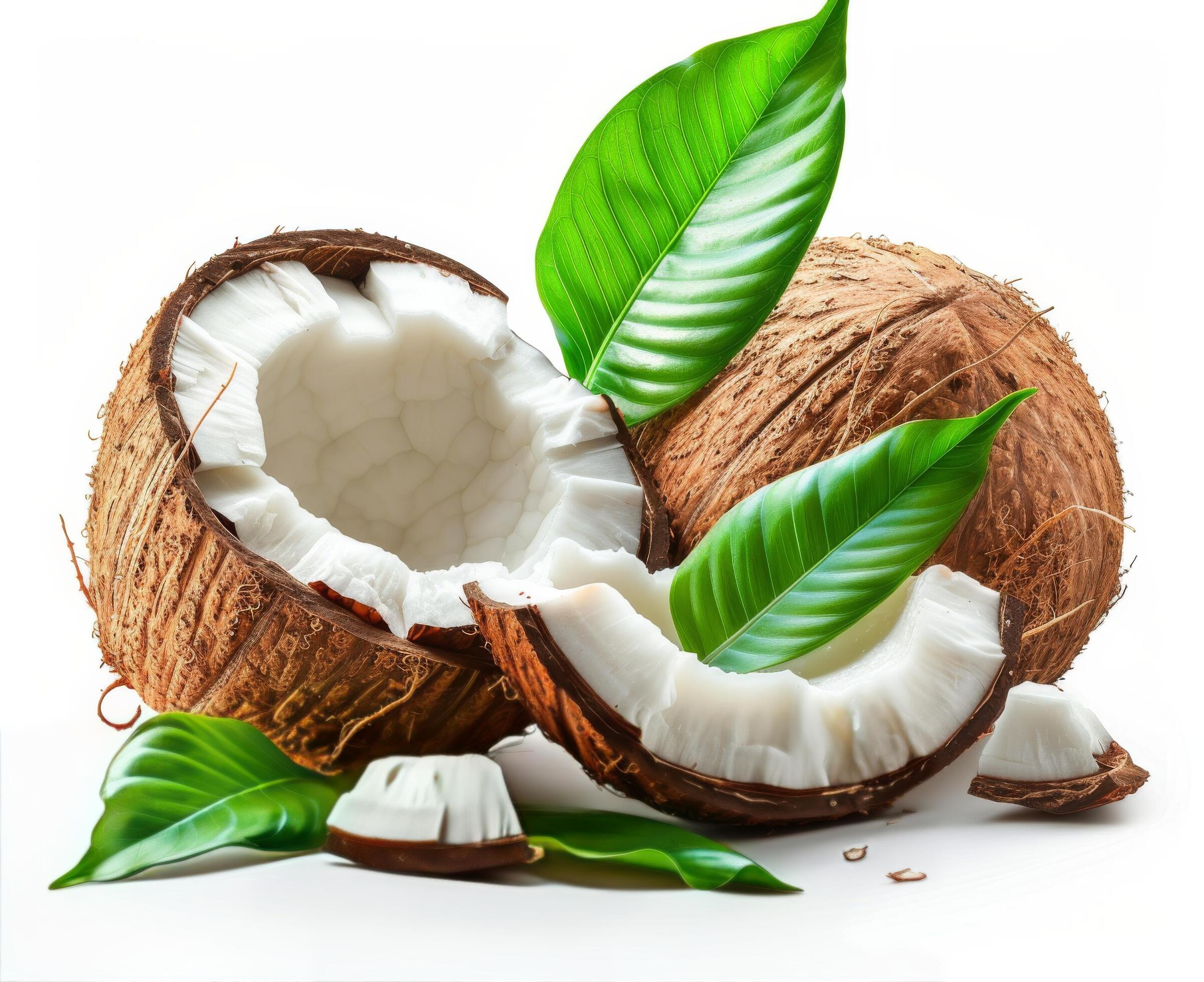 Freshly Opened Coconut With Palm Leaves on White Background Stock Free