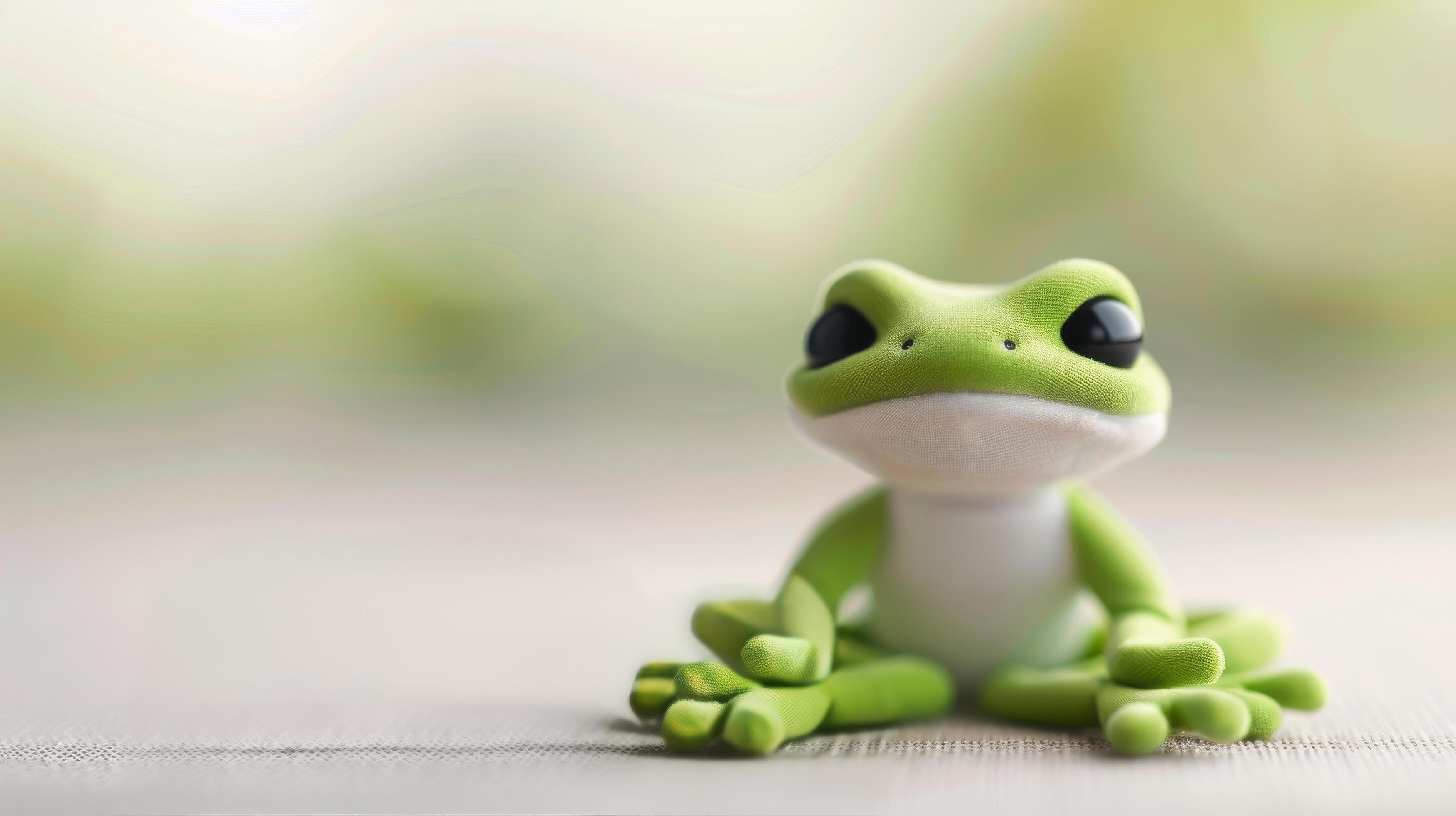 Green Frog Figurine Sitting on Soft Surface With Blurred Background Stock Free