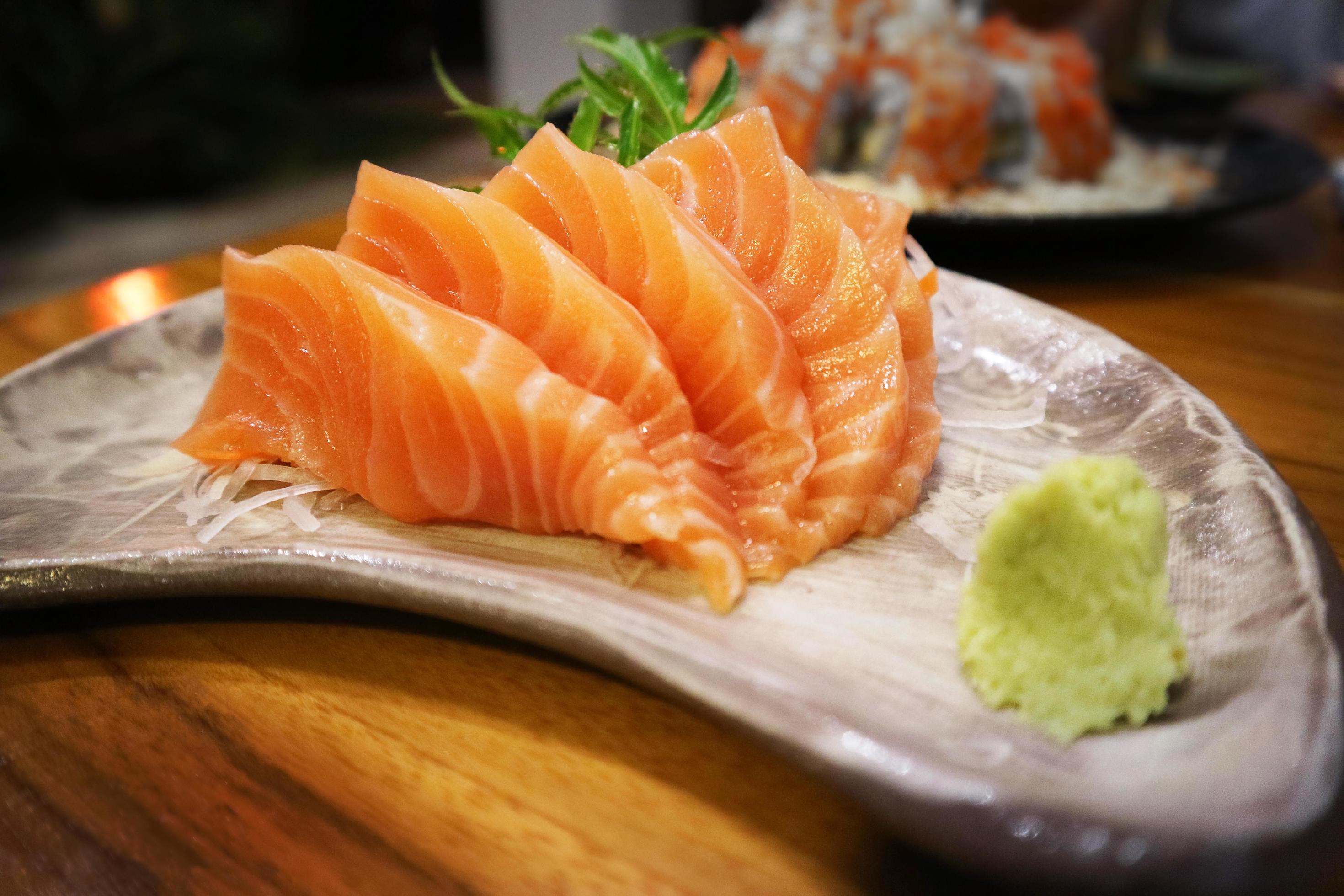 Sushi set on table with wasabi,Raw Salmon sushi, Japanese food. Stock Free