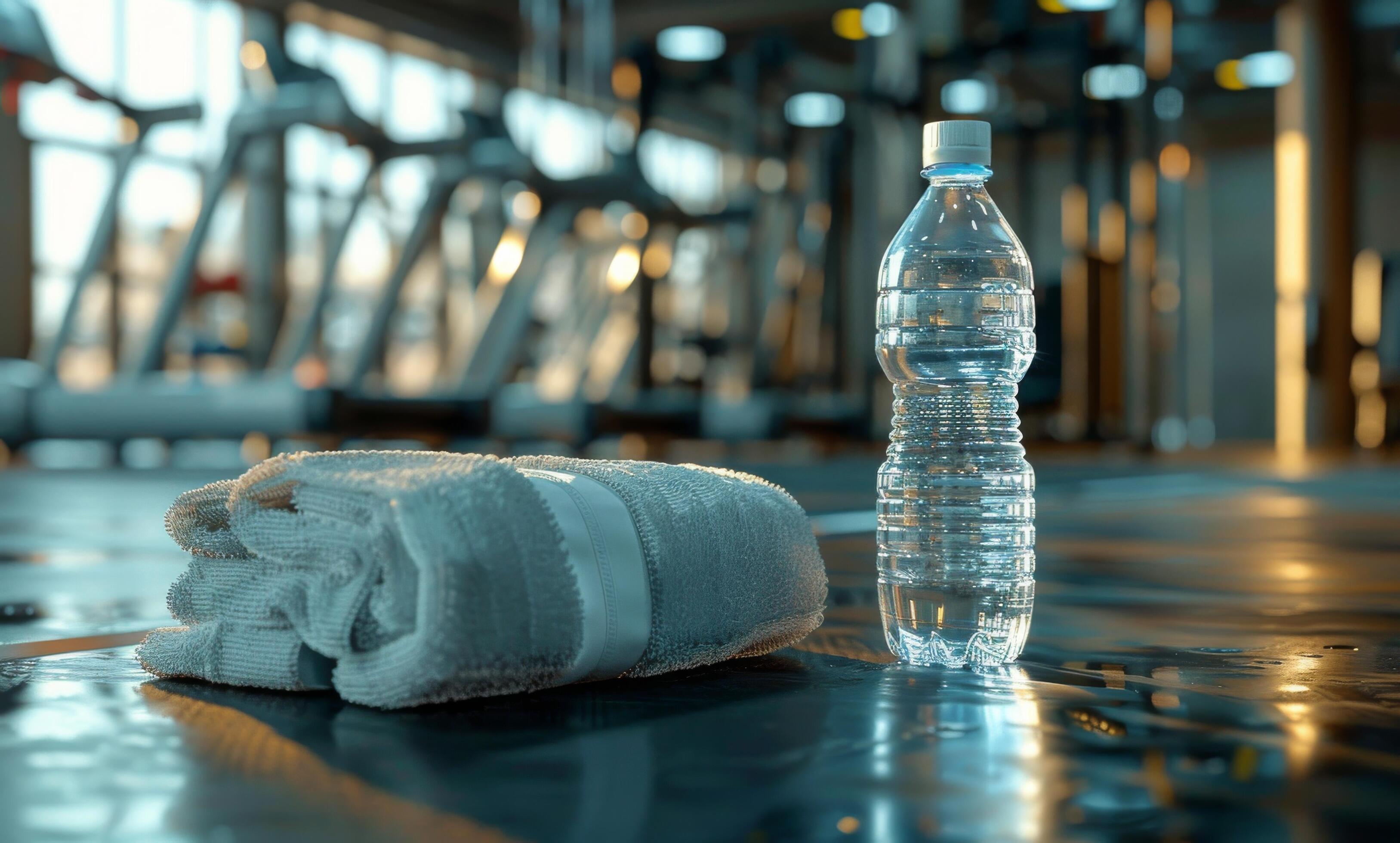 Water Bottle and Towels Resting by Poolside in Fitness Center Stock Free