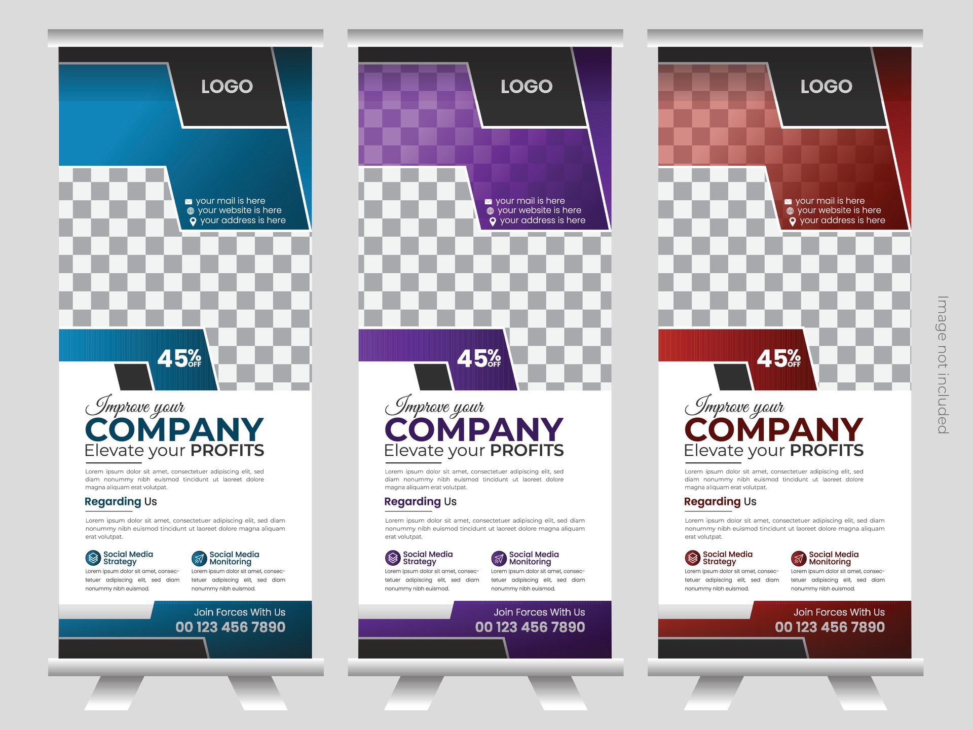 Modern clean and minimal roll up banner design with multiple color variation. Free Vector