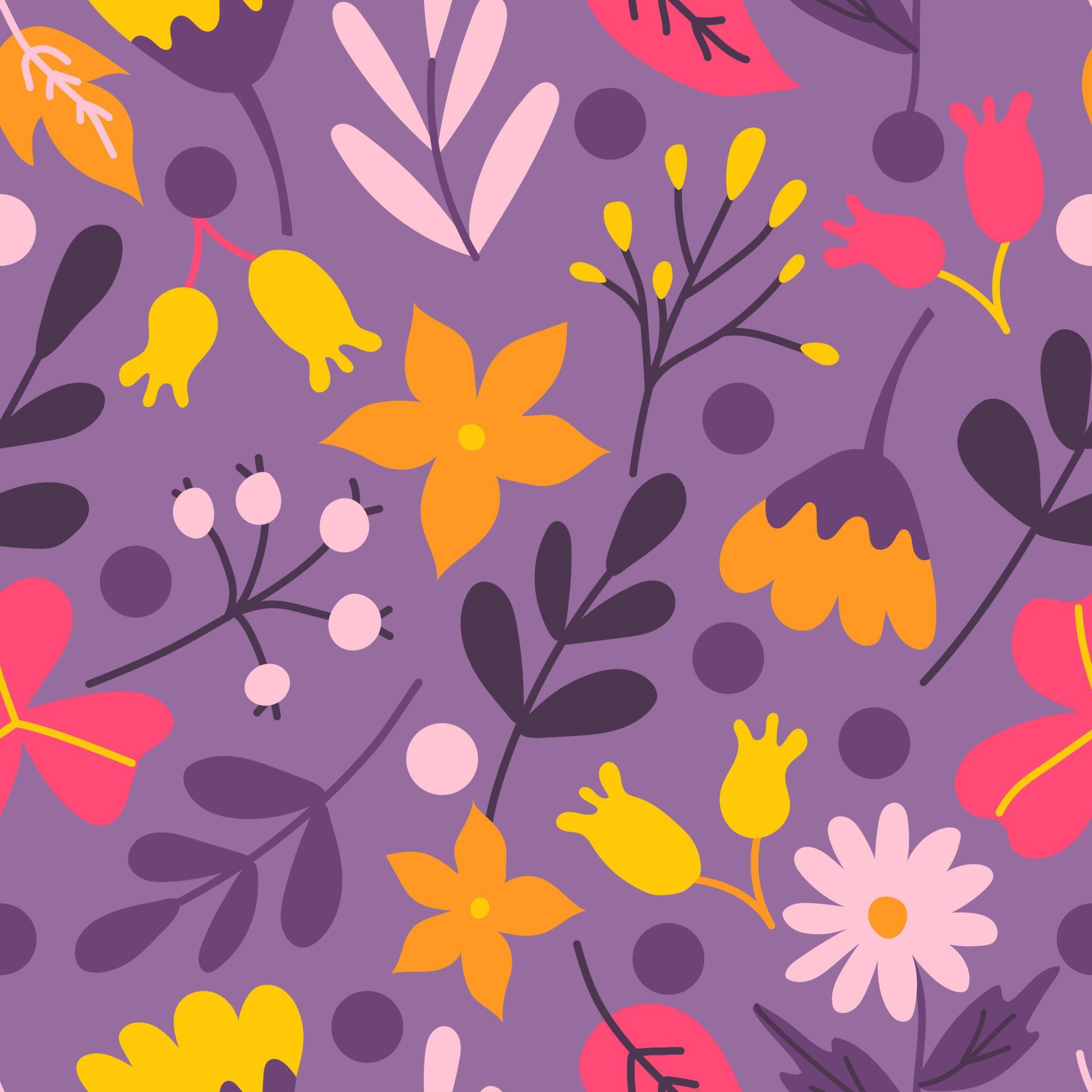 Plants and flowers on purple background. Vector seamless pattern in flat style for fabric, wrapping paper, postcards, wallpaper Stock Free