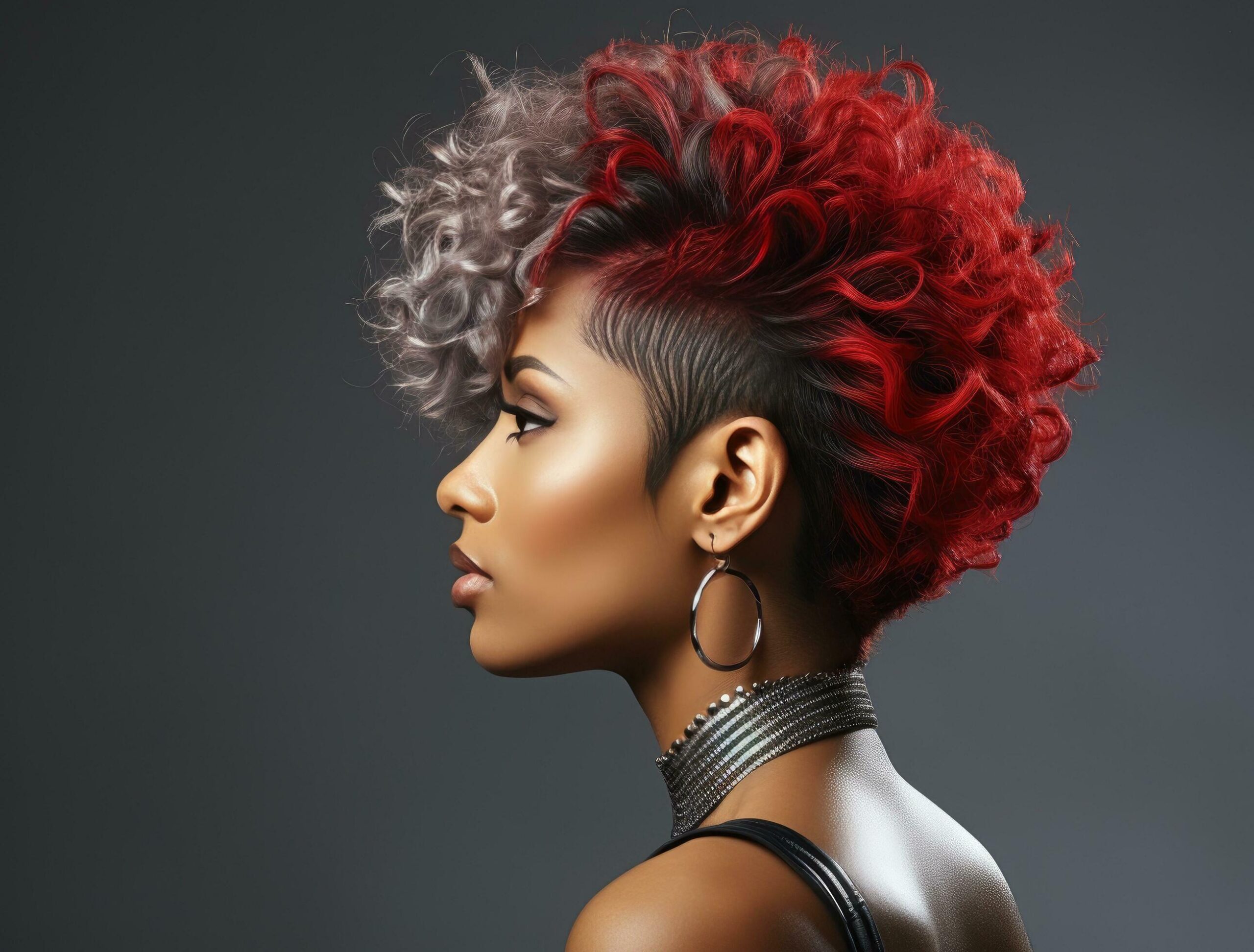 the profile of the curly haired woman with red mohawk Free Photo