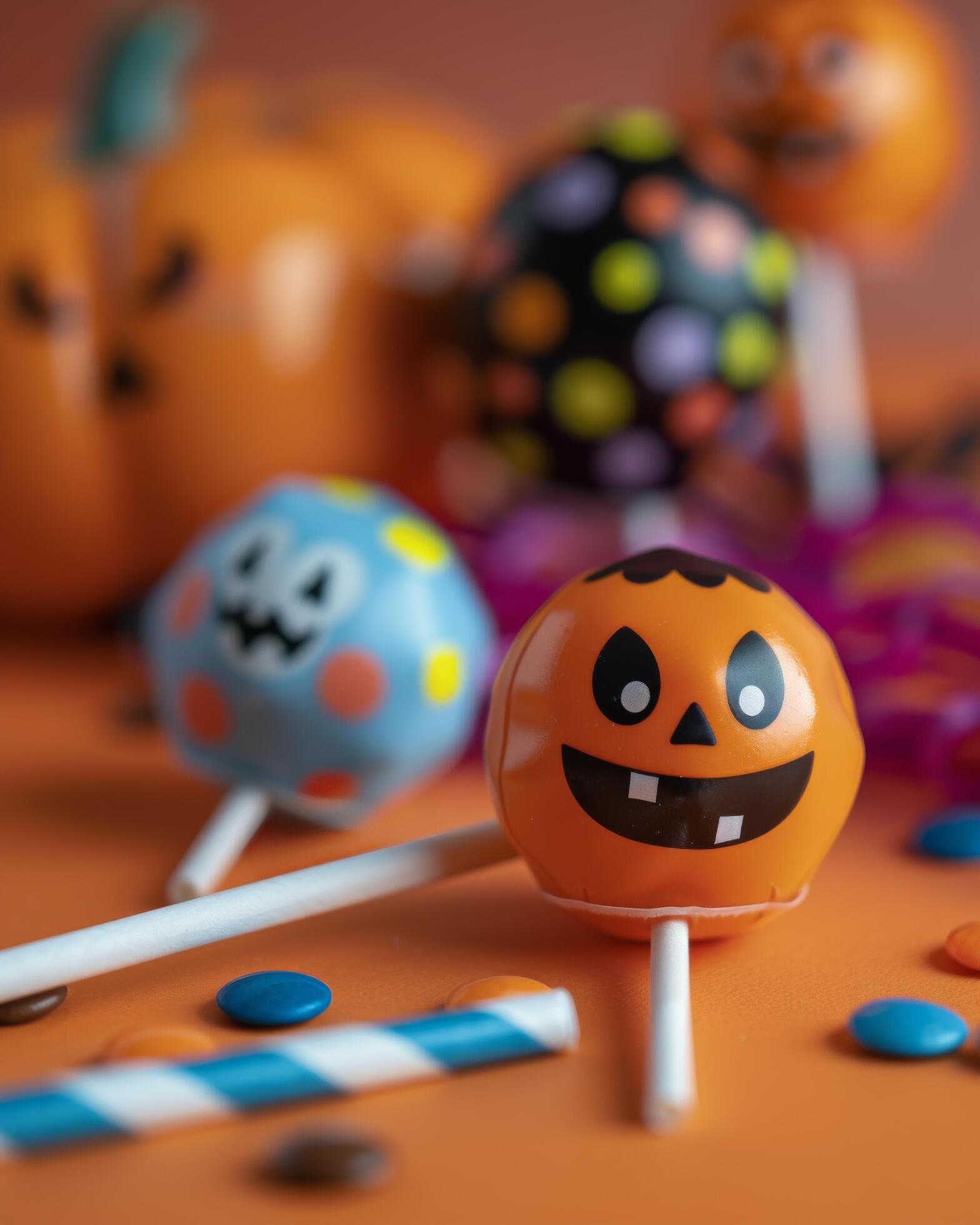 Halloween Cake Pops With Pumpkin Decorations Against Orange Background Stock Free