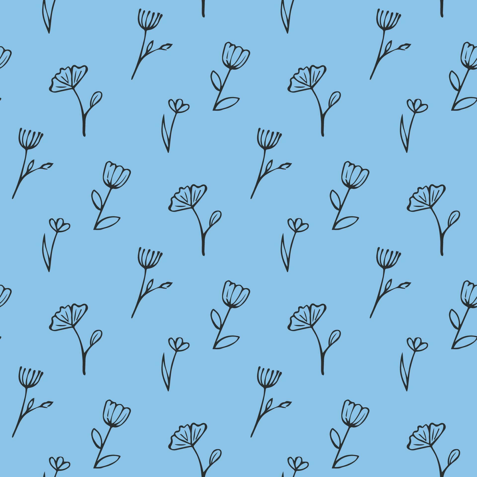 Seamless pattern, hand drawn flowers on a blue background, flat vector, scandinavian pattern Stock Free