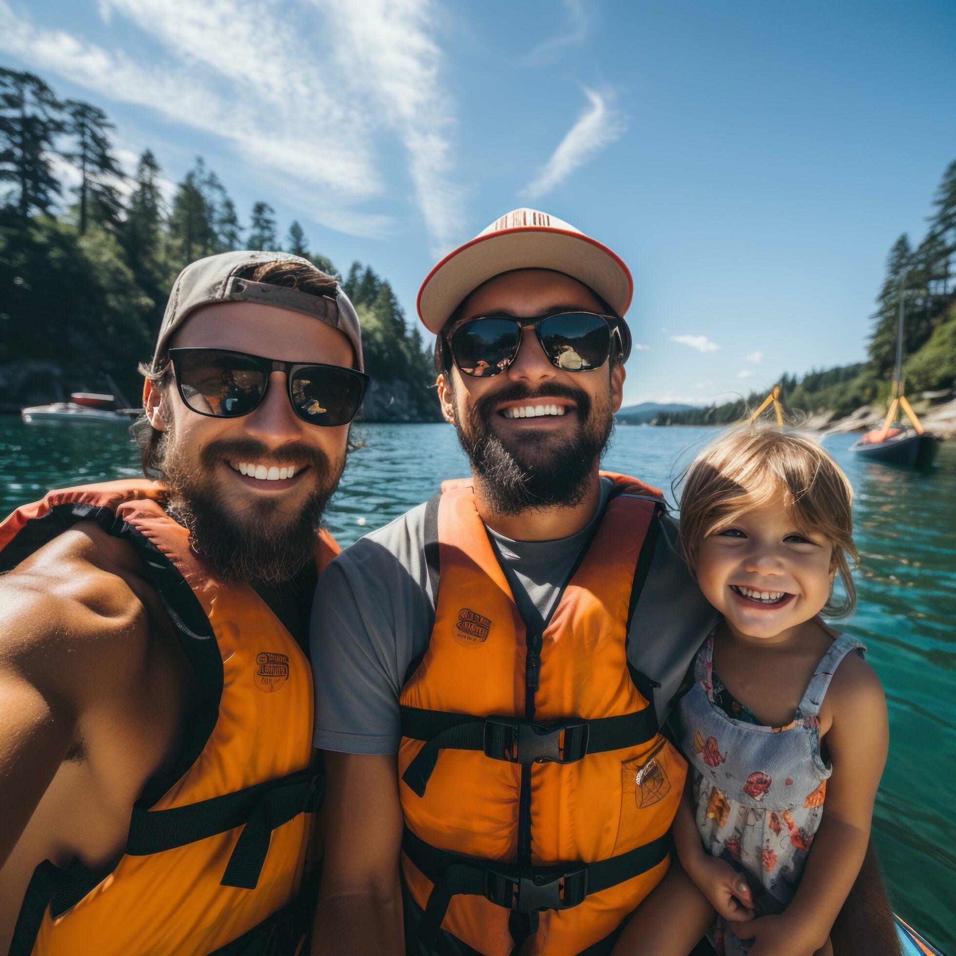 Adventurous family kayaking and exploring the coastline Stock Free