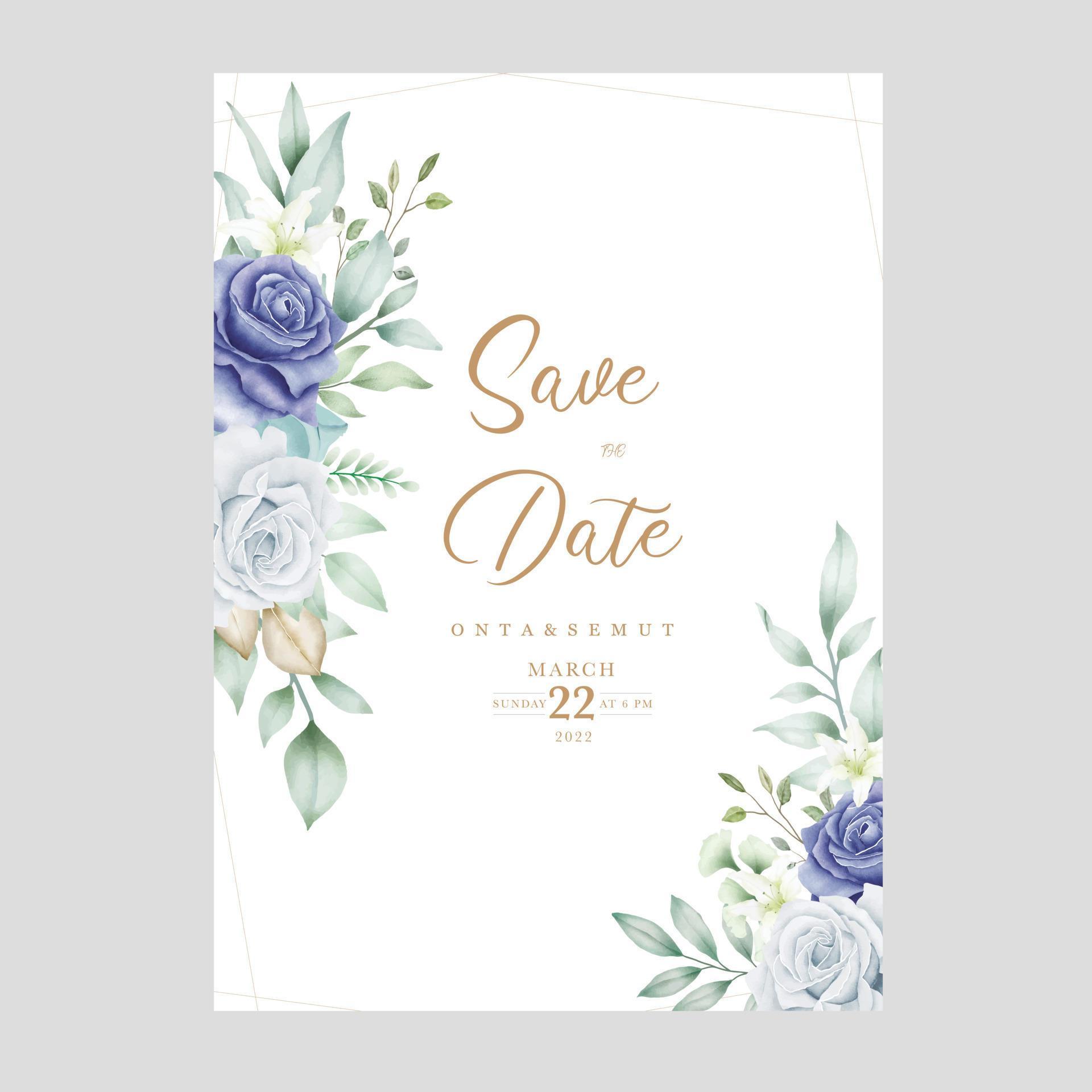 elegant watercolor floral frame wedding stationery with navy blue flower and leaves Stock Free