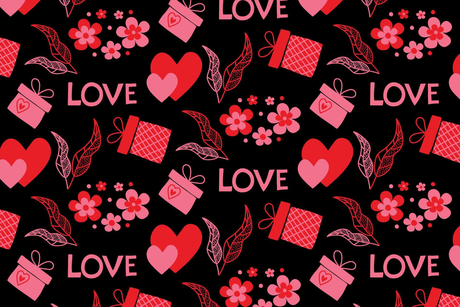 Background with hearts and flowers on a black background. Cute romantic items. Stock Free