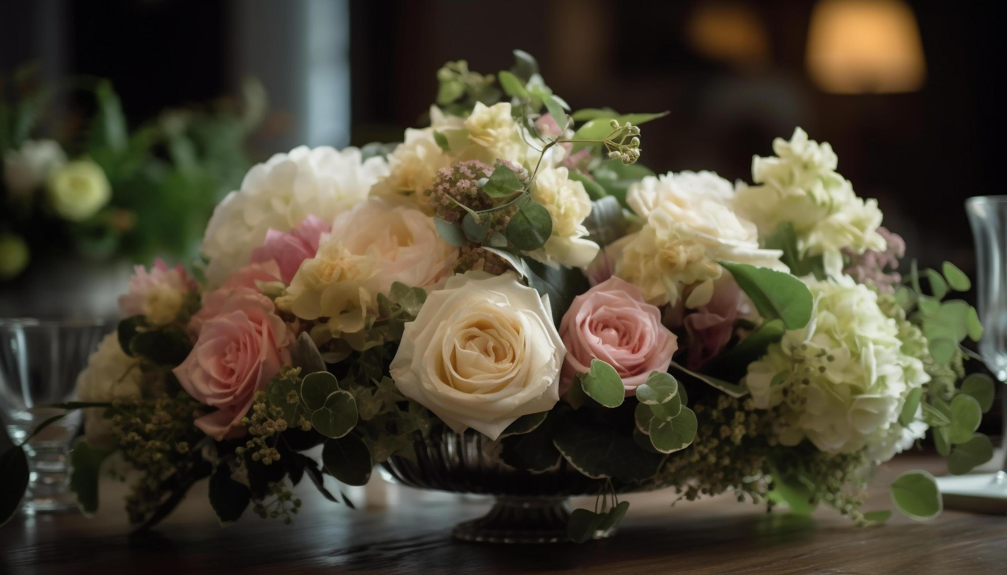 Romantic bouquet of fresh flowers on elegant table generated by AI Stock Free