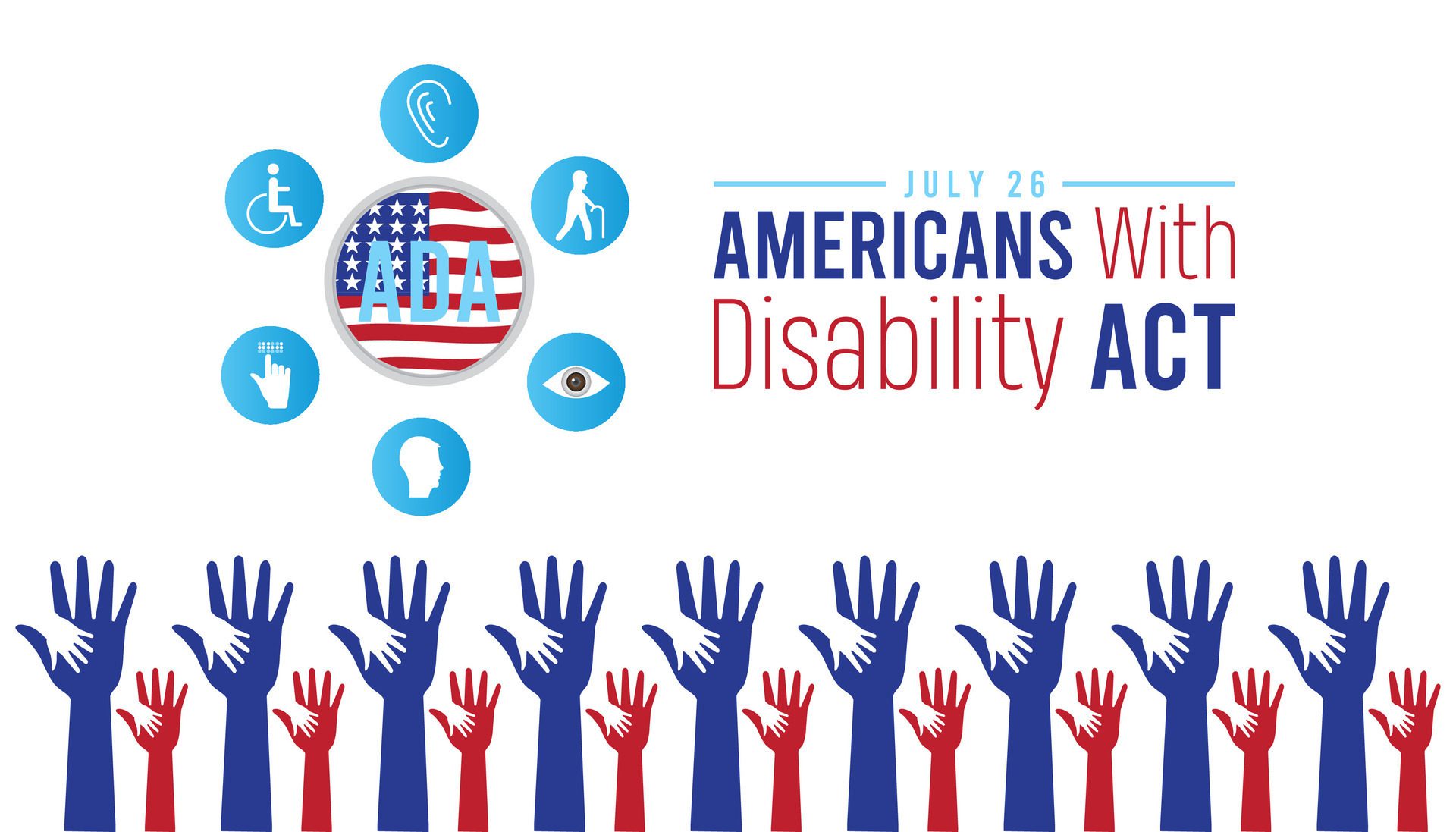 Americans with disability act observed every year in July. Template for background, banner, card, poster with text inscription. Free Vector