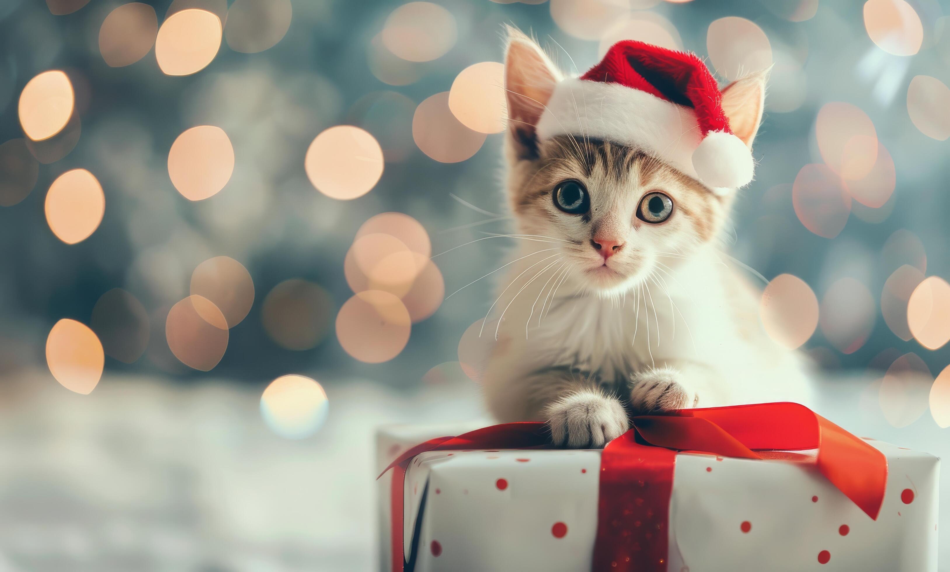 Adorable Kitten in Santa Hat Sitting on Gift With Holiday Lights Background Stock Free