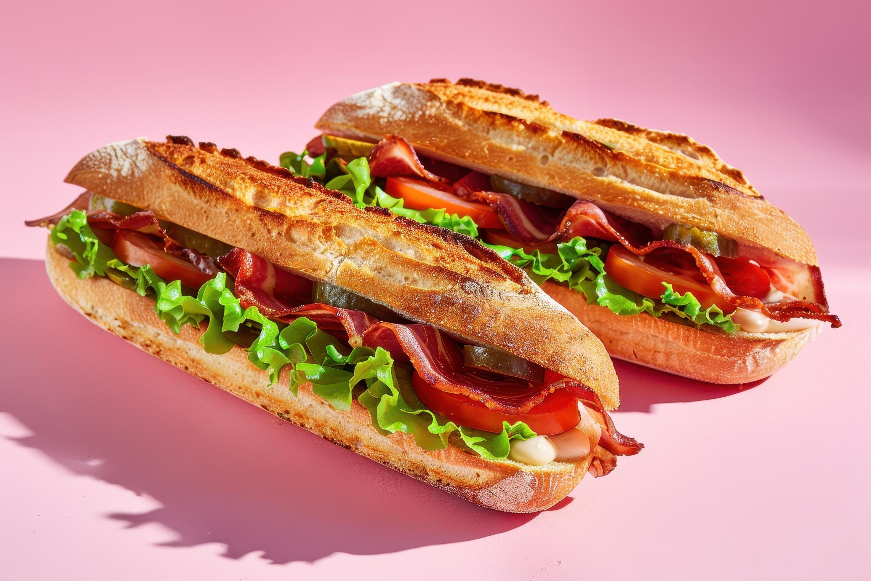 Two Bacon, Lettuce, and Tomato Sandwiches on Pink Background Stock Free