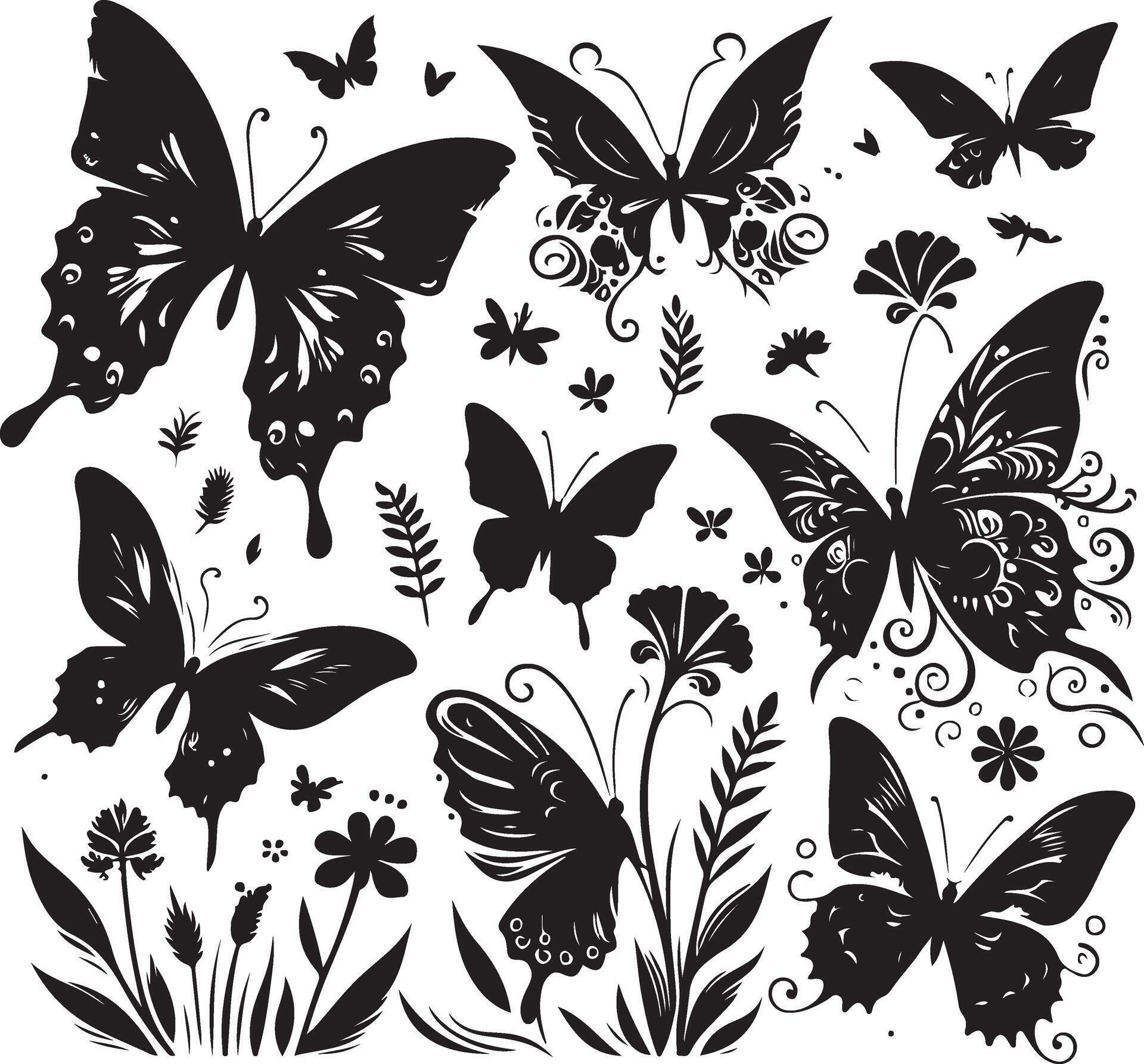 Butterflies and flowers, pattern with butterflies, set of butterflies, Flying butterflies silhouette black set isolated on white background Stock Free