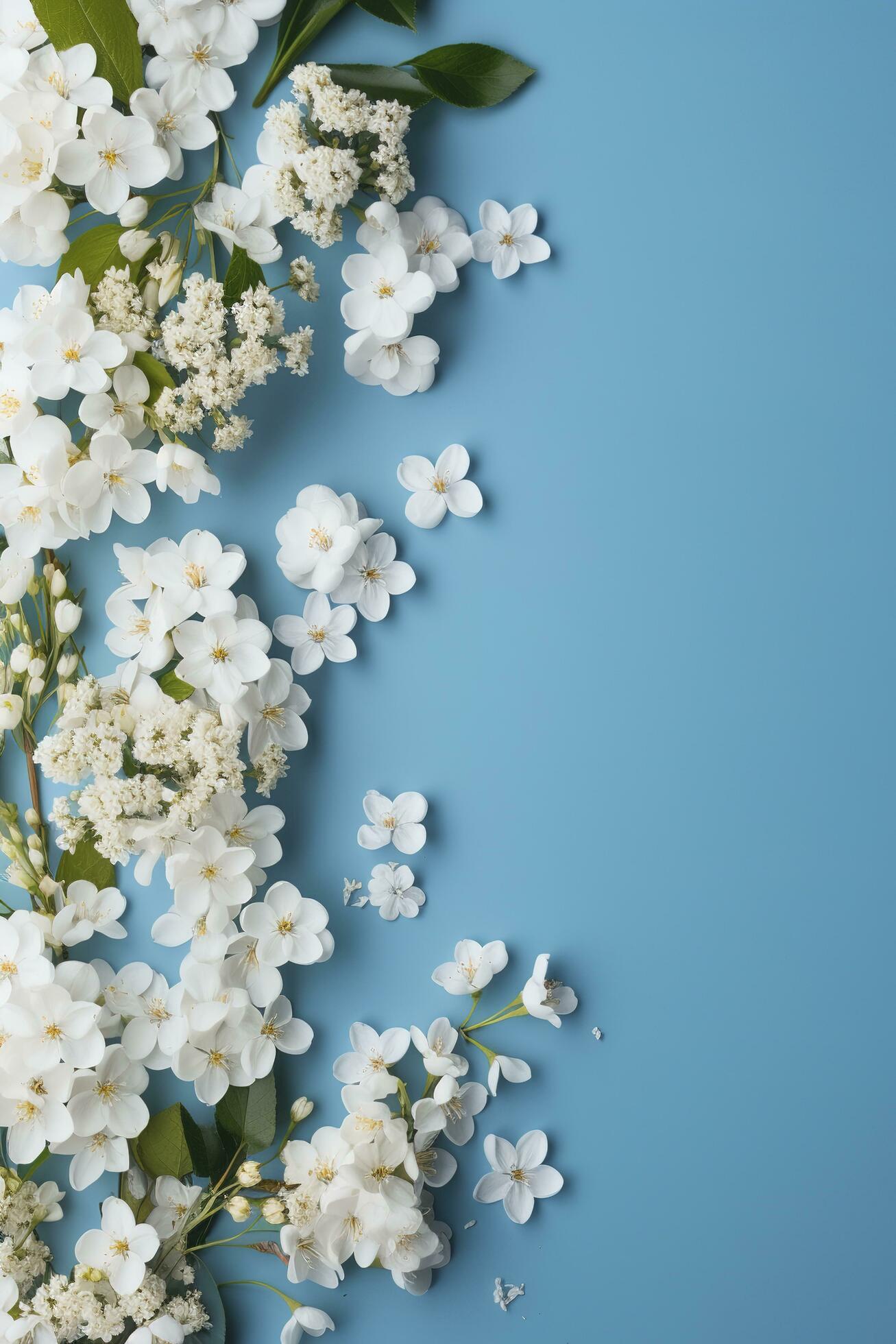 Beautiful spring border, blooming rose bush on a blue background. Flowering rose hips against the blue sky. Soft selective focus , generate ai Stock Free